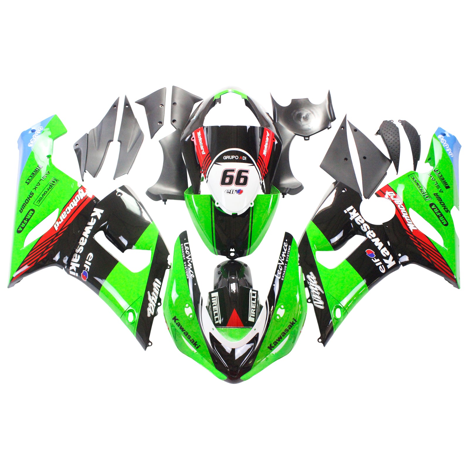 Amotopart Kawasaki 2005-2006 ZX6R 636 Kit de carenado negro mezclado verde