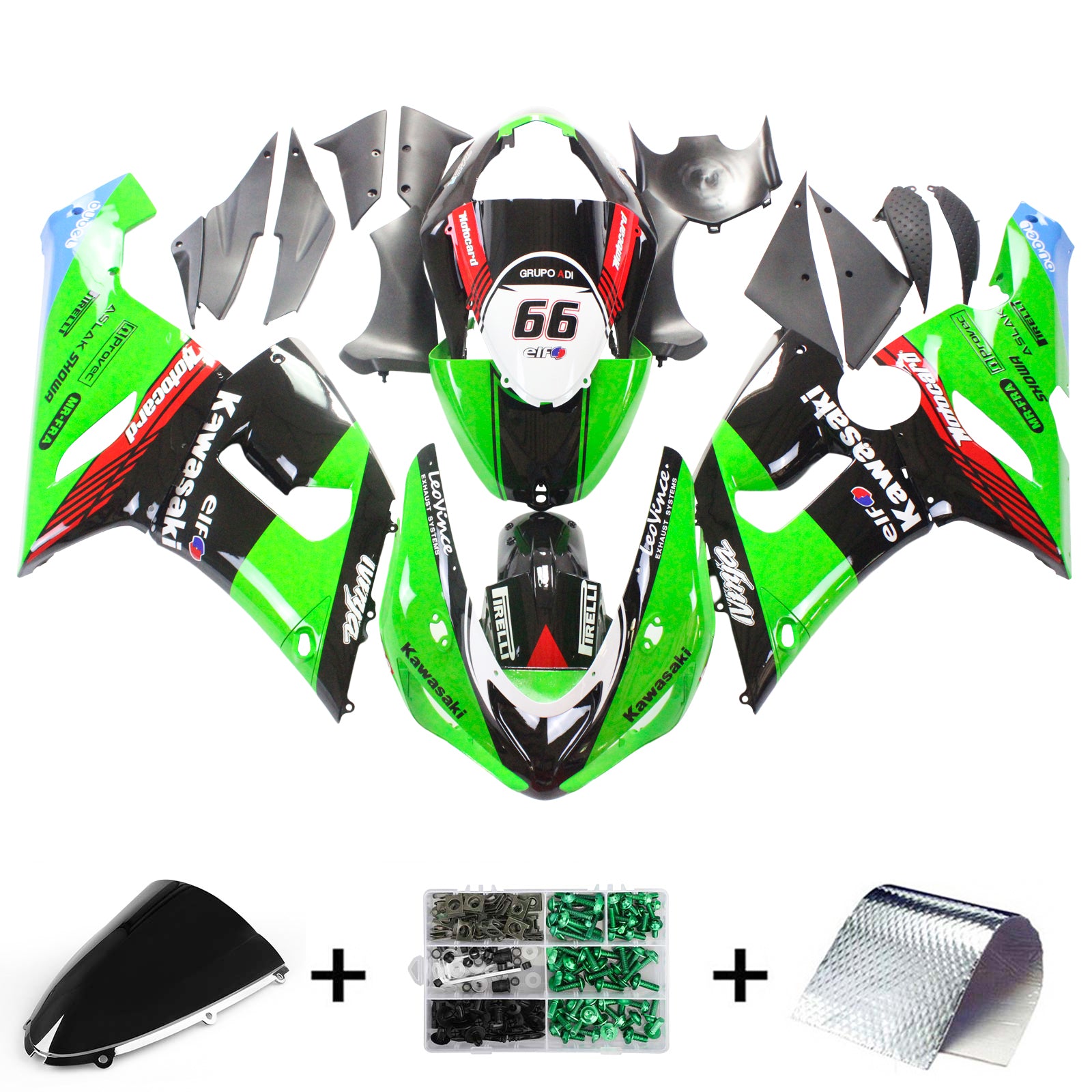 Amotopart Kawasaki 2005-2006 ZX6R 636 Black Mix Green Fairing Kit