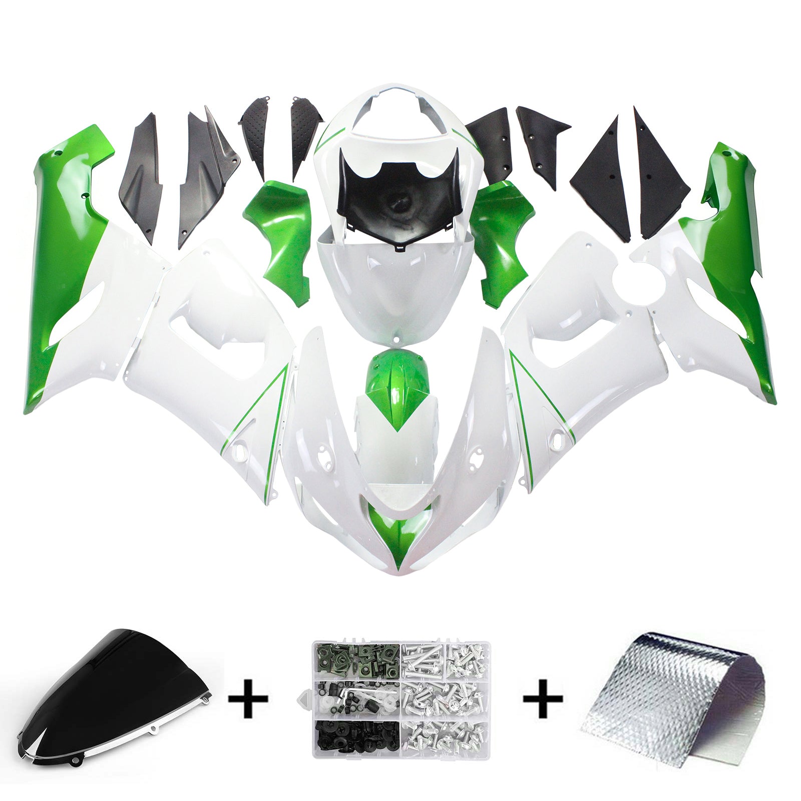 Amotopart Kawasaki 2005-2006 ZX6R 636 White Mix Green Fairing Kit
