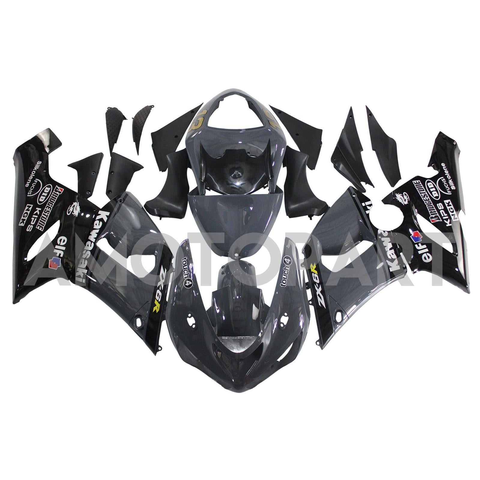 Amotopart Kawasaki 2005-2006 ZX6R 636 Grey Black Fairing Kit