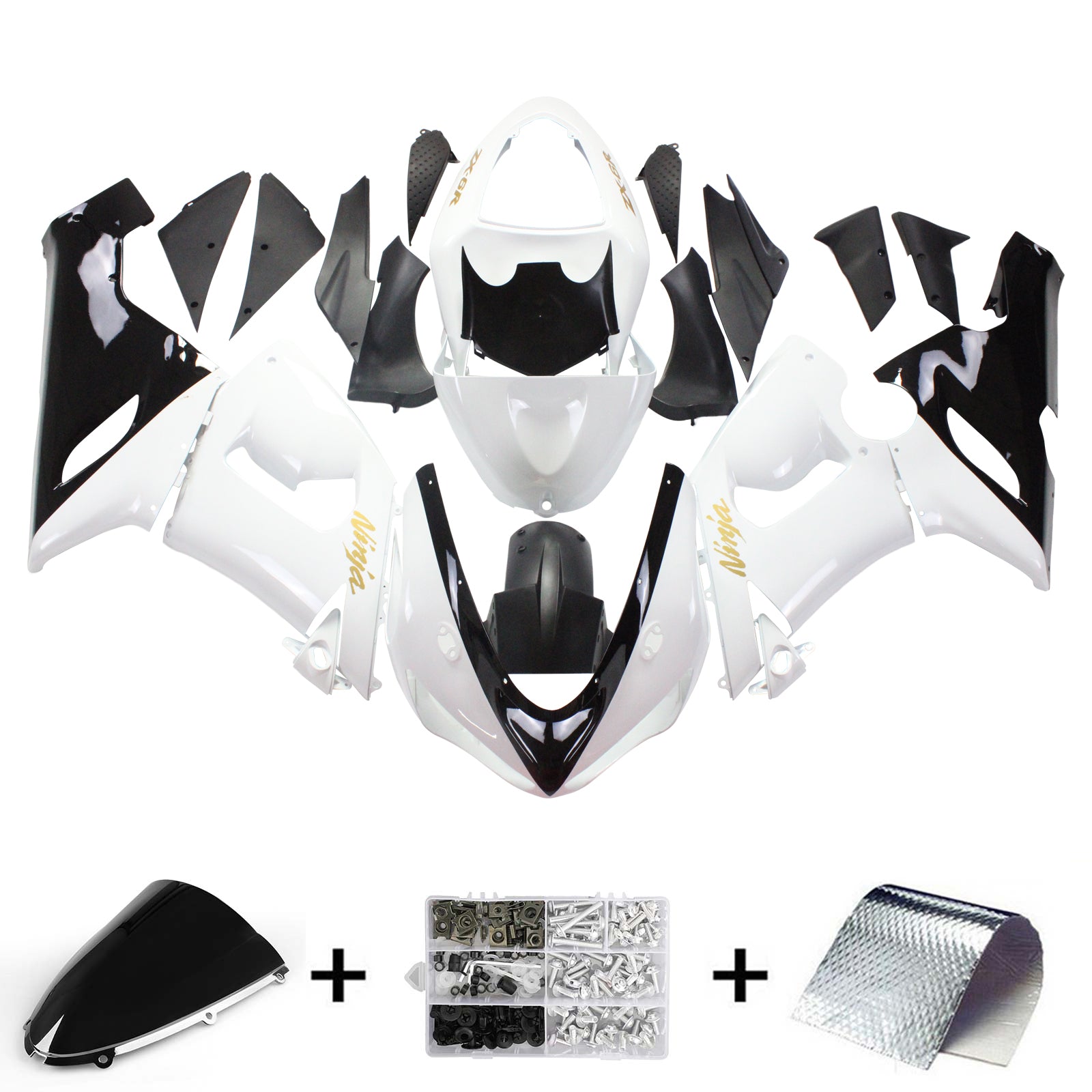 あすか Amotopart Kawasaki 2005-2006 ZX6R 636 White Black Fairing Kit