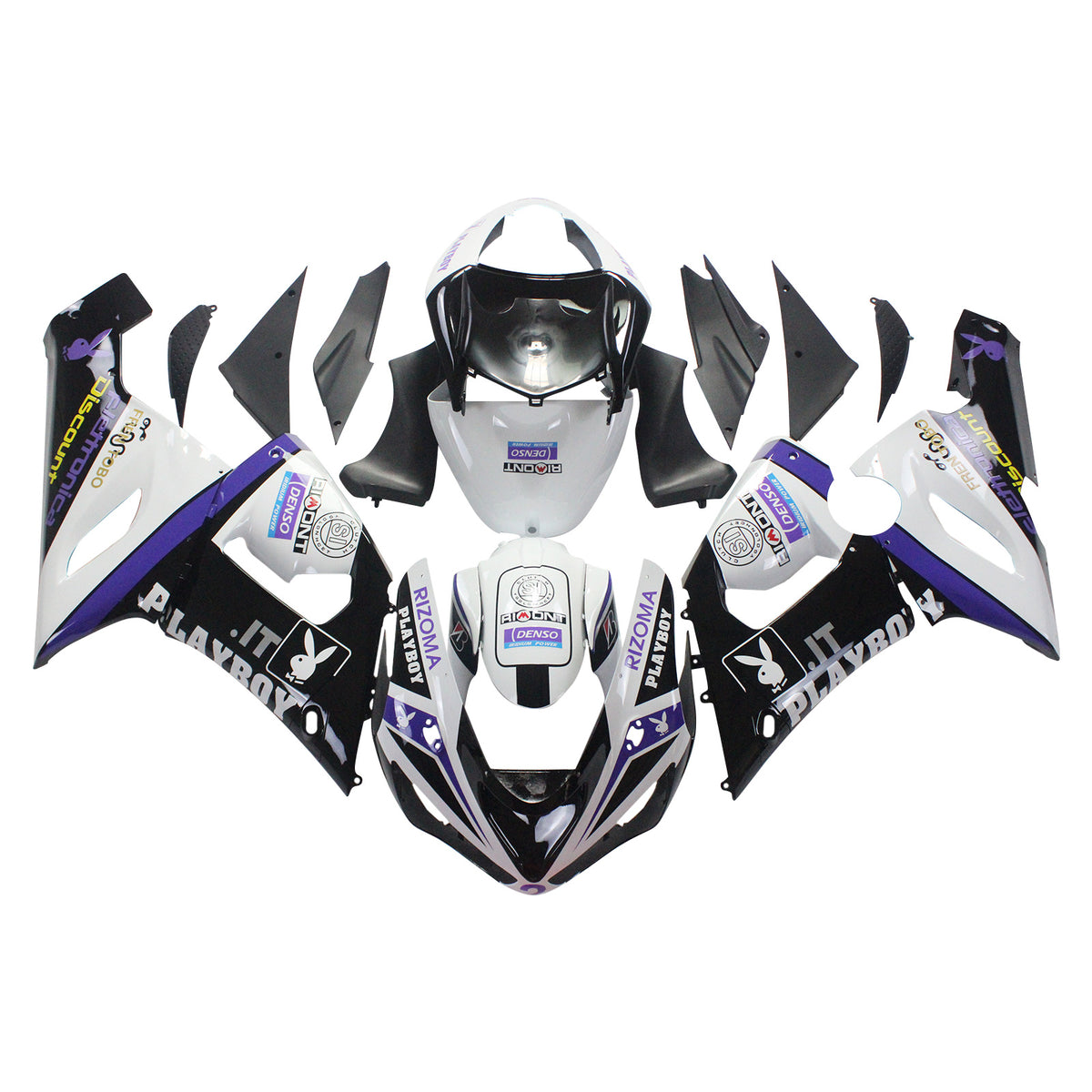 Amotopart Kawasaki 2005-2006 ZX6R 636 Kit de carénage Playboy noir blanc