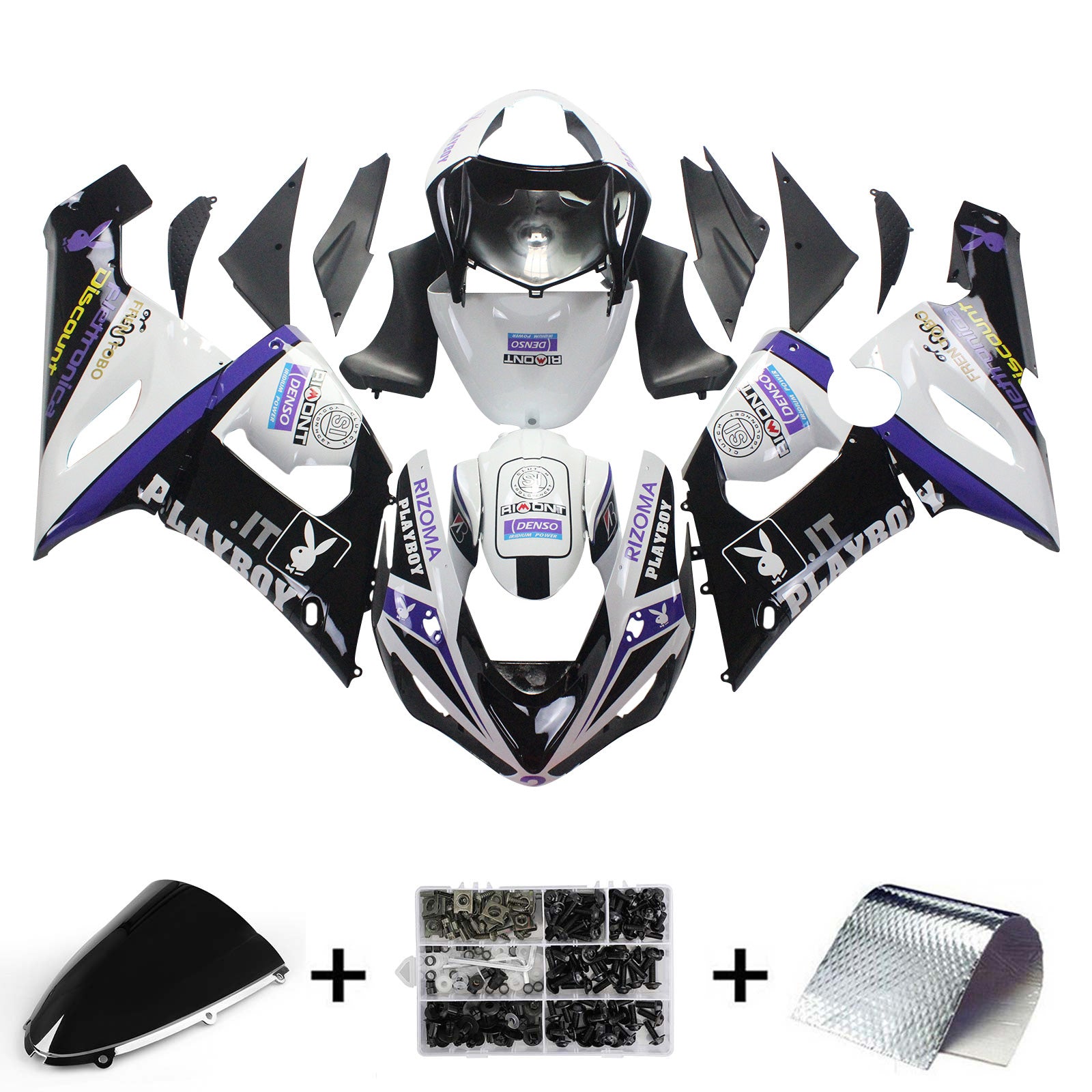 Amotopart Kawasaki 2005-2006 ZX6R 636 Black White Playboy Fairing Kit