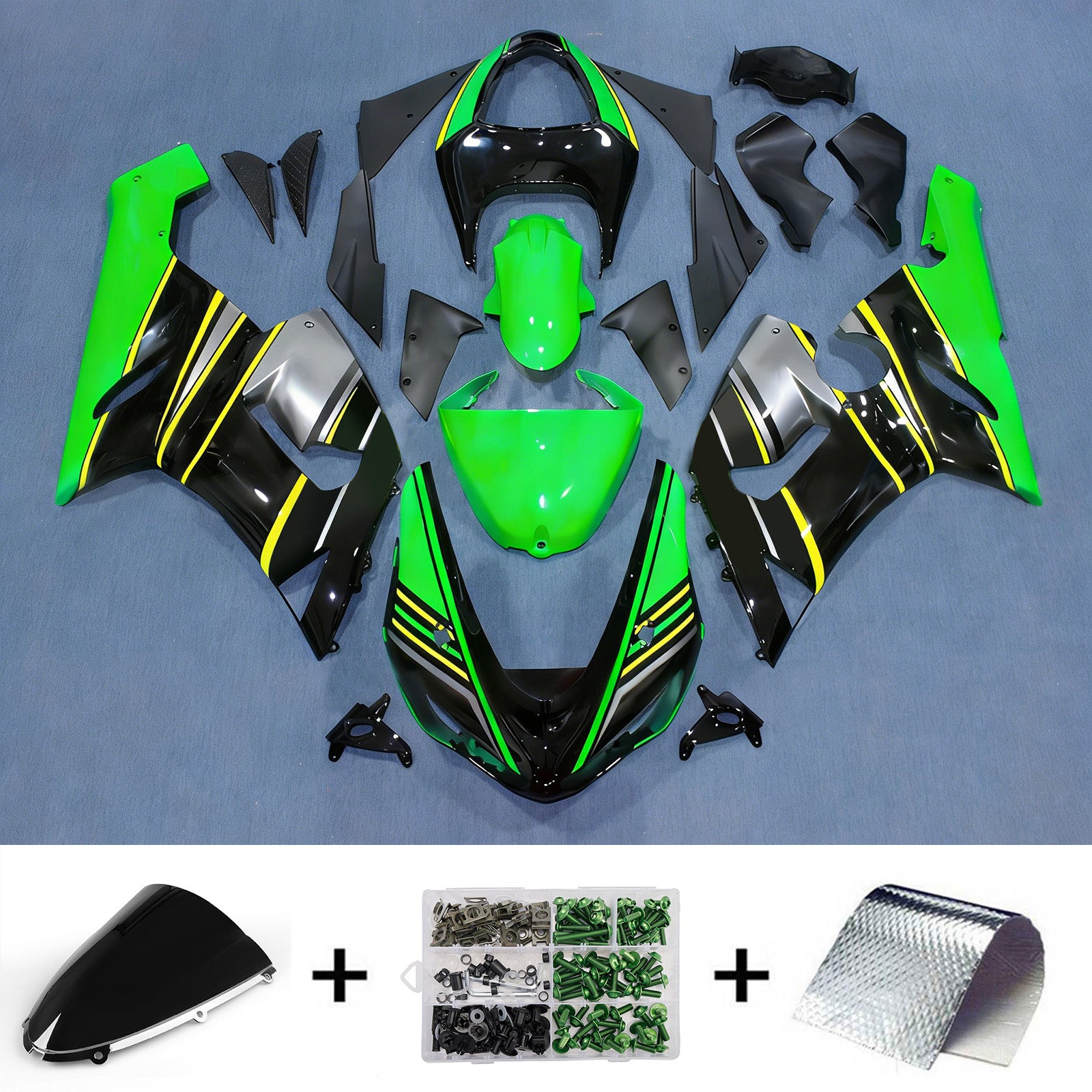 Amotopart 2005–2006 Kawasaki ZX6R 636 Schwarz Grün Gelb Verkleidungsset