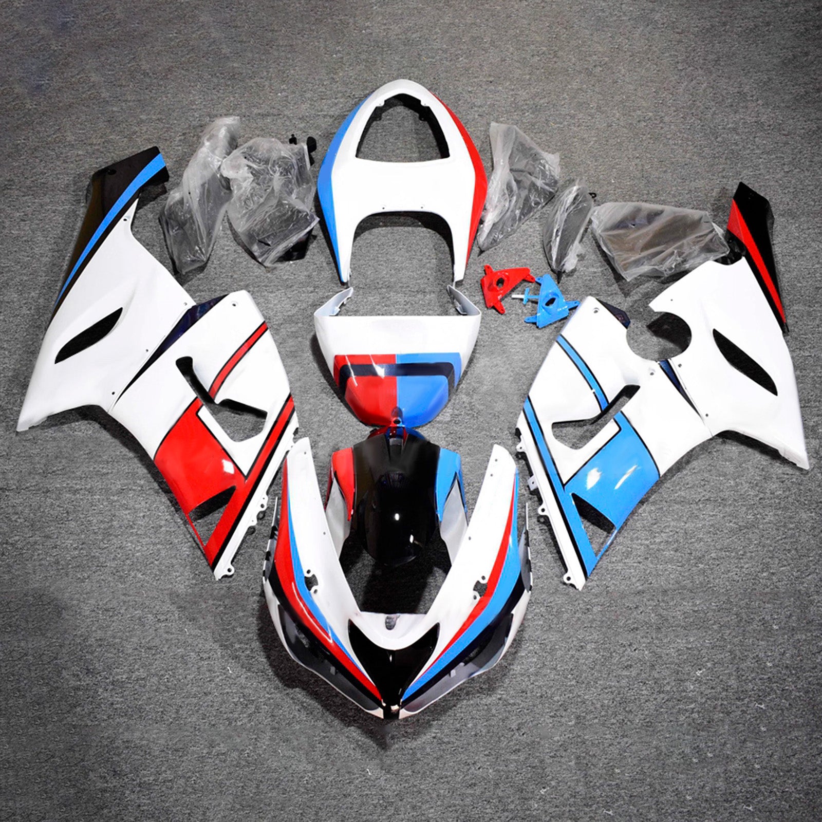 Amotopart 2005–2006 Kawasaki ZX6R 636 Weiß Blau Rot Schwarz Verkleidungsset