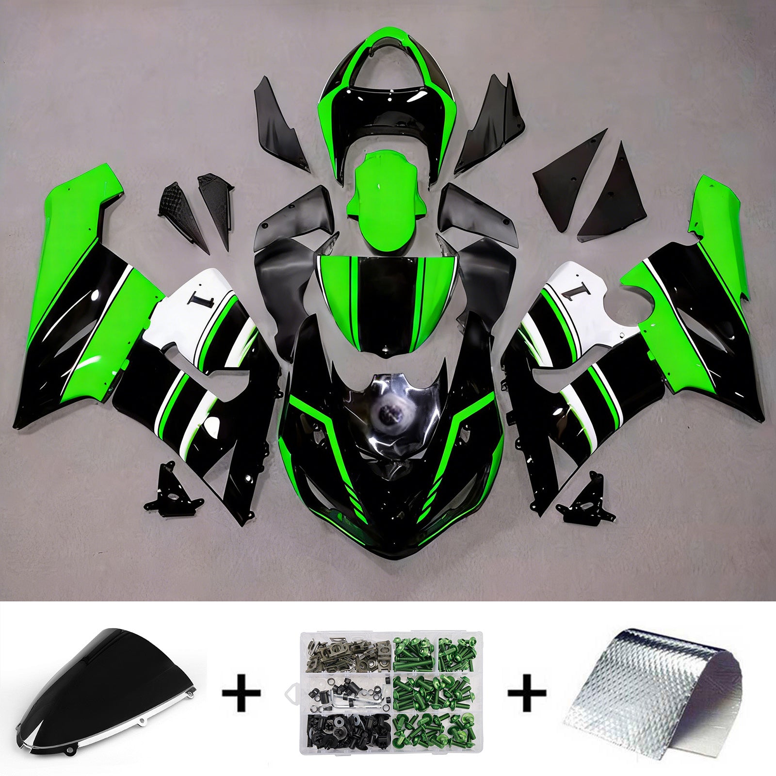 Amotopart 2005-2006 Kawasaki ZX6R 636 Black Green Fairing Kit