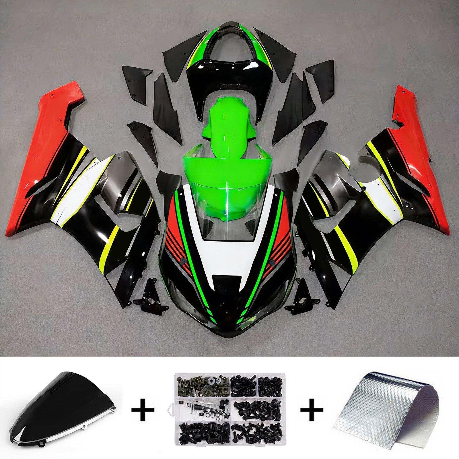 Amotopart 2005-2006 Kawasaki ZX6R 636 Svart Grön Vit Röd Fairing Kit