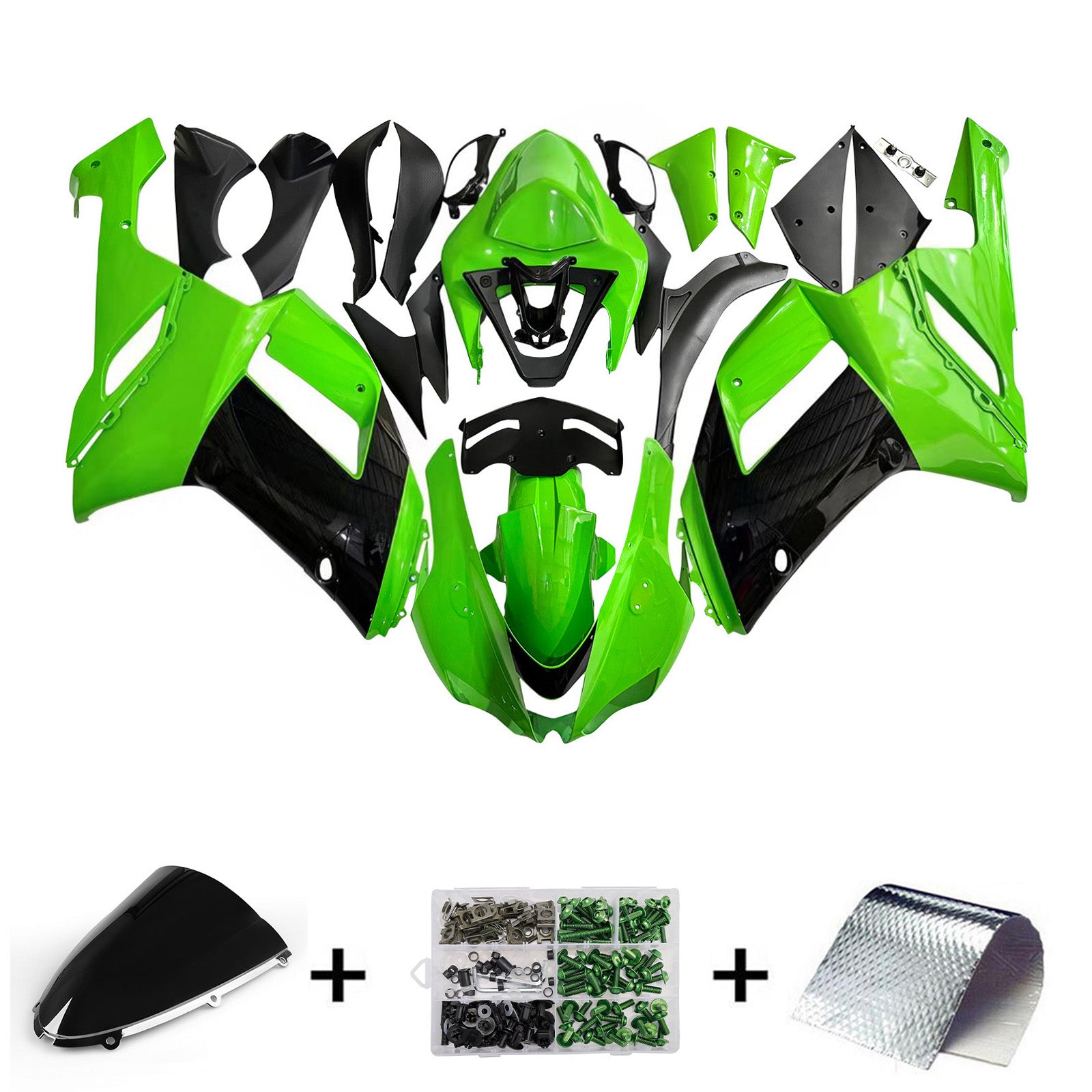 Amotopart 2007-2008 Kawasaki ZX6R 636 Black & Green Monster Fairing Kit