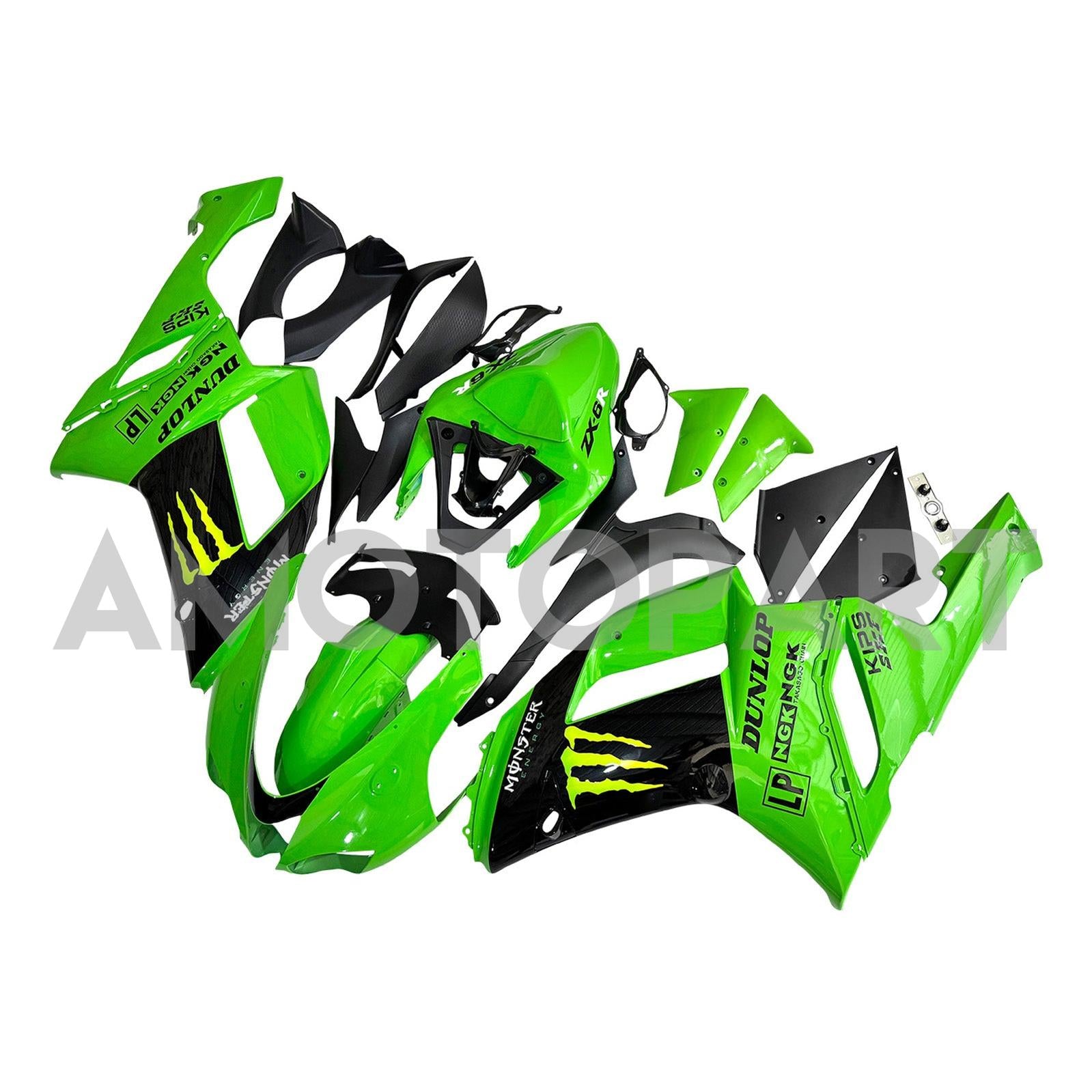 Amotopart 2007-2008 Kawasaki ZX6R 636 Black & Green Monster Fairing Kit