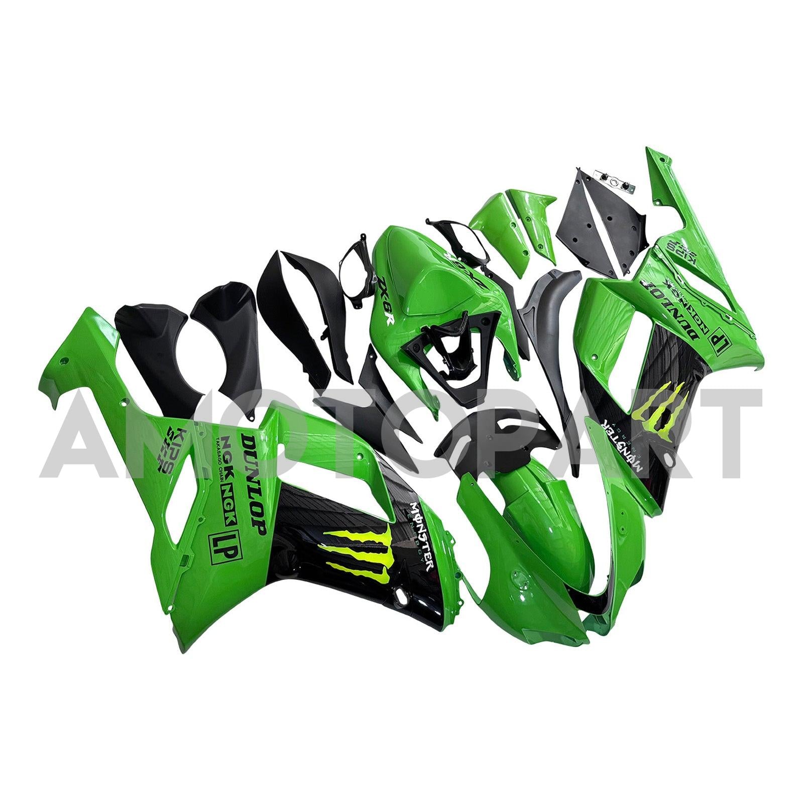 Amotopart 2007-2008 Kawasaki ZX6R 636 Black & Green Monster Fairing Kit