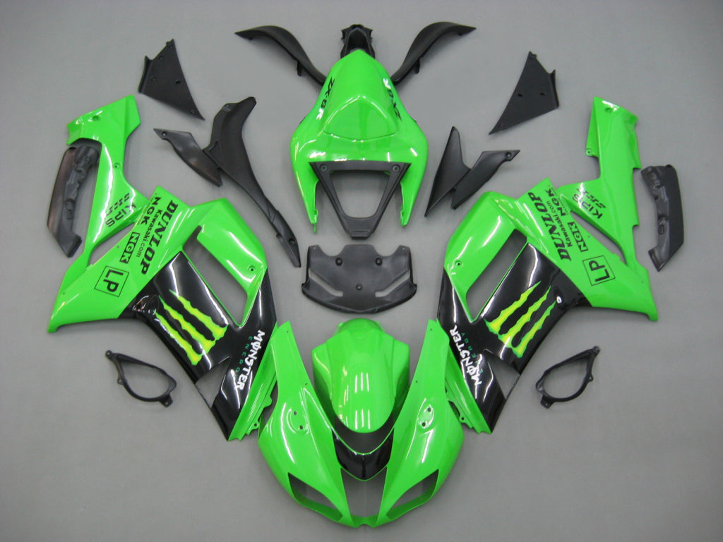 Amotopart 2007-2008 Kawasaki ZX6R 636 ブラック&グリーン モンスター フェアリングキット