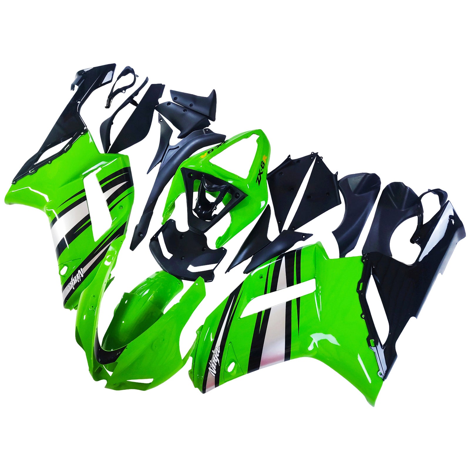 Amotopart 2007–2008 Kawasaki ZX6R 636 glänzendes Silber-Grün-Schwarz-Verkleidungsset