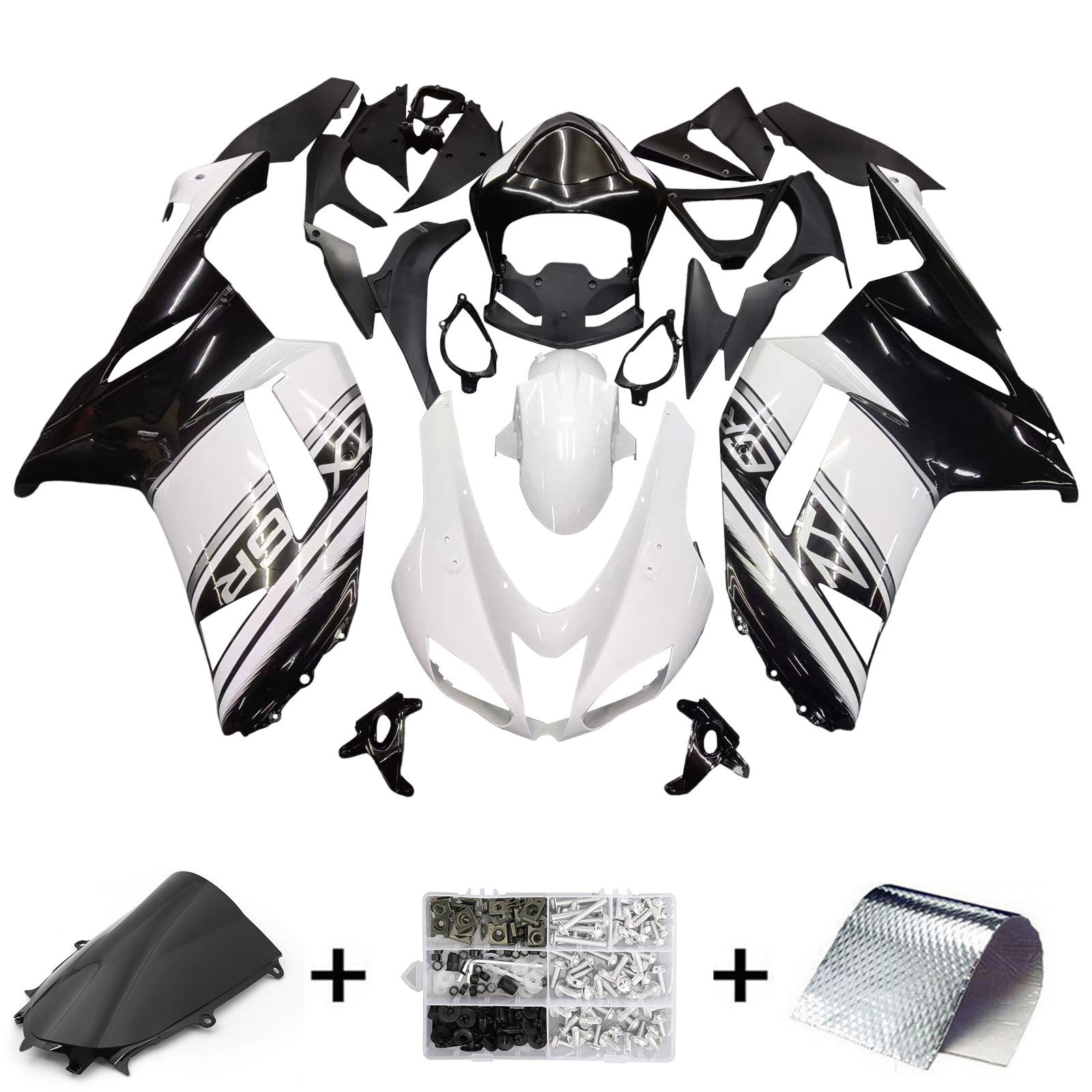 Amotopart Kawasaki ZX6R 636 2007-2008 Kit de carénage noir et blanc