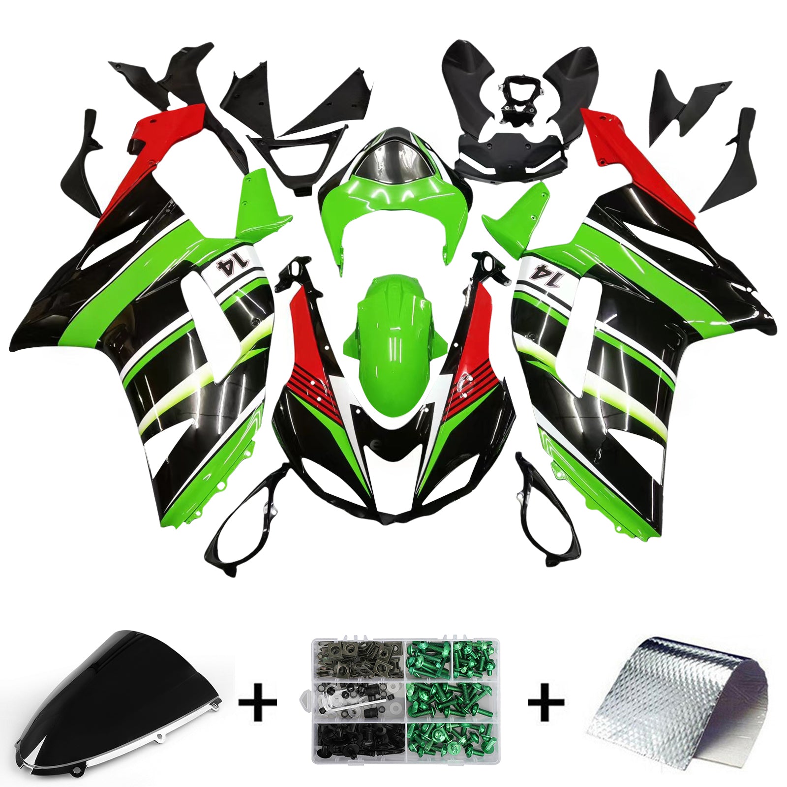 Amotopart Kawasaki ZX6R 636 2007-2008 Black & Green Failing Kit