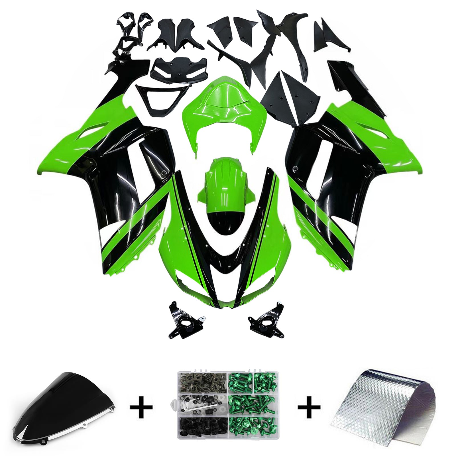 Amotopart 2007-2008 Kawasaki ZX6R 636 ブラック&グリーン フェアリングキット
