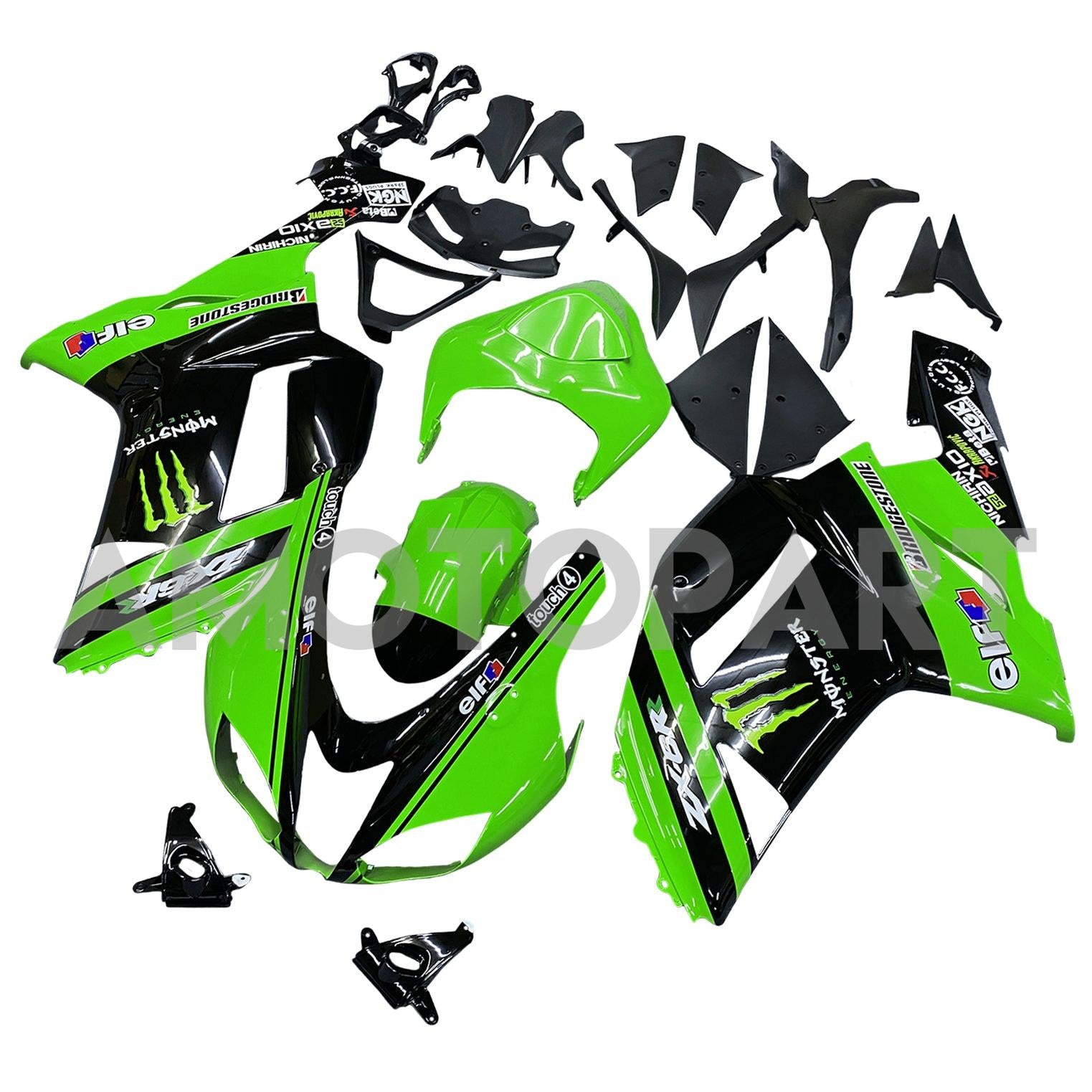 Amotopart 2007-2008 Kawasaki ZX6R 636 ブラック&グリーン フェアリングキット