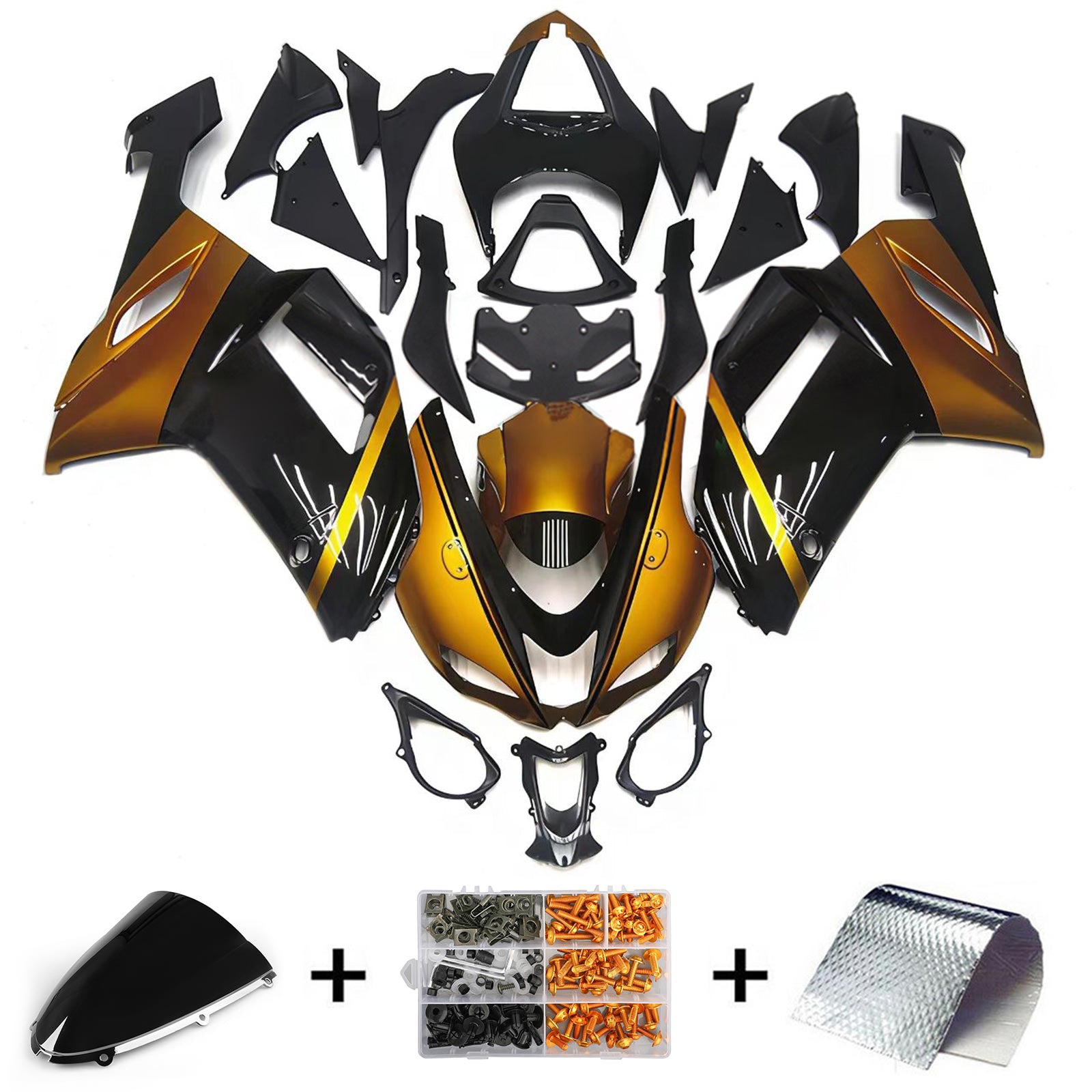 Amotopart 2007-2008 Kawasaki ZX6R 636 Black&Gold Fairing Kit
