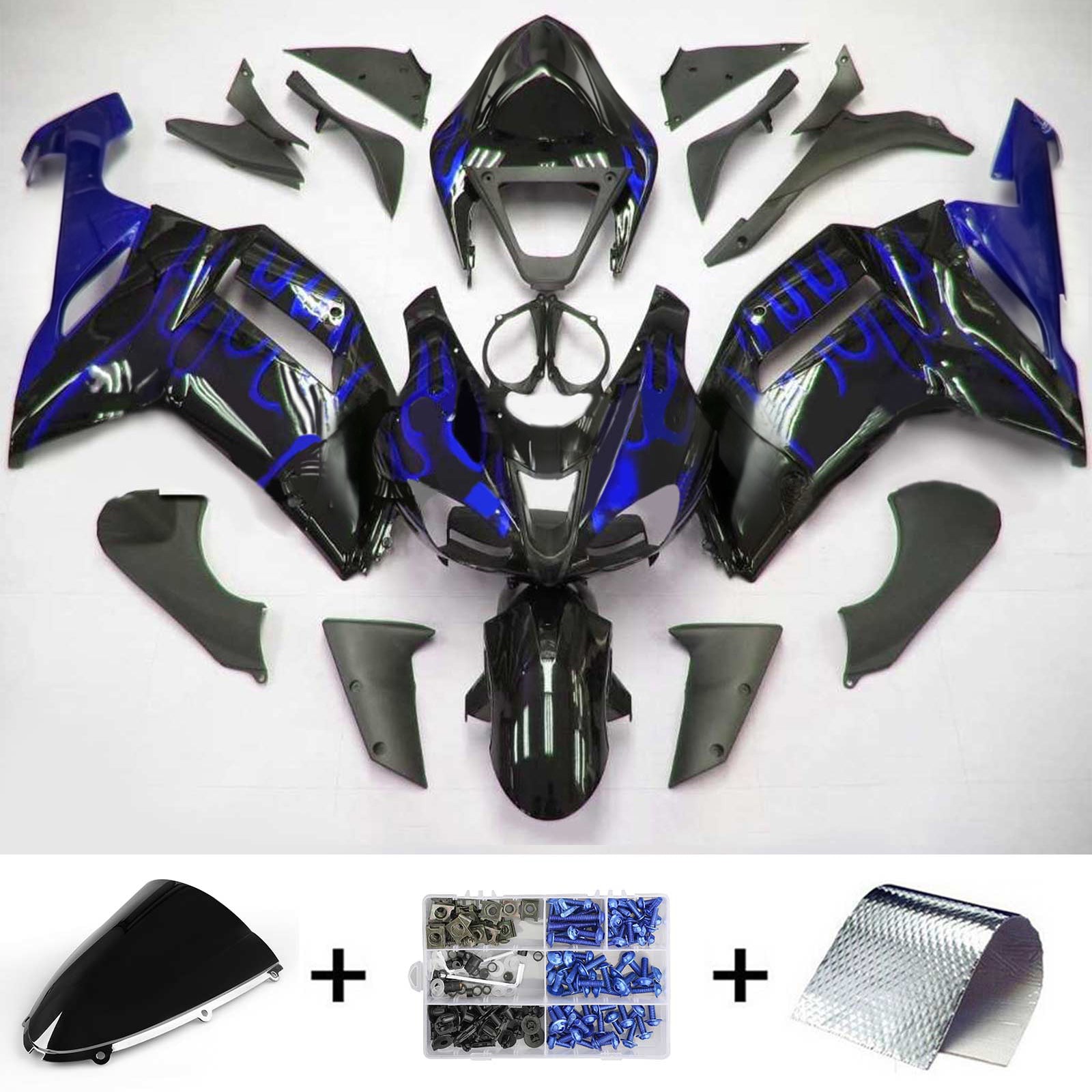 Amotopart Kawasaki 2007-2008 ZX6R 636 noir avec kit de carénage ligne bleue