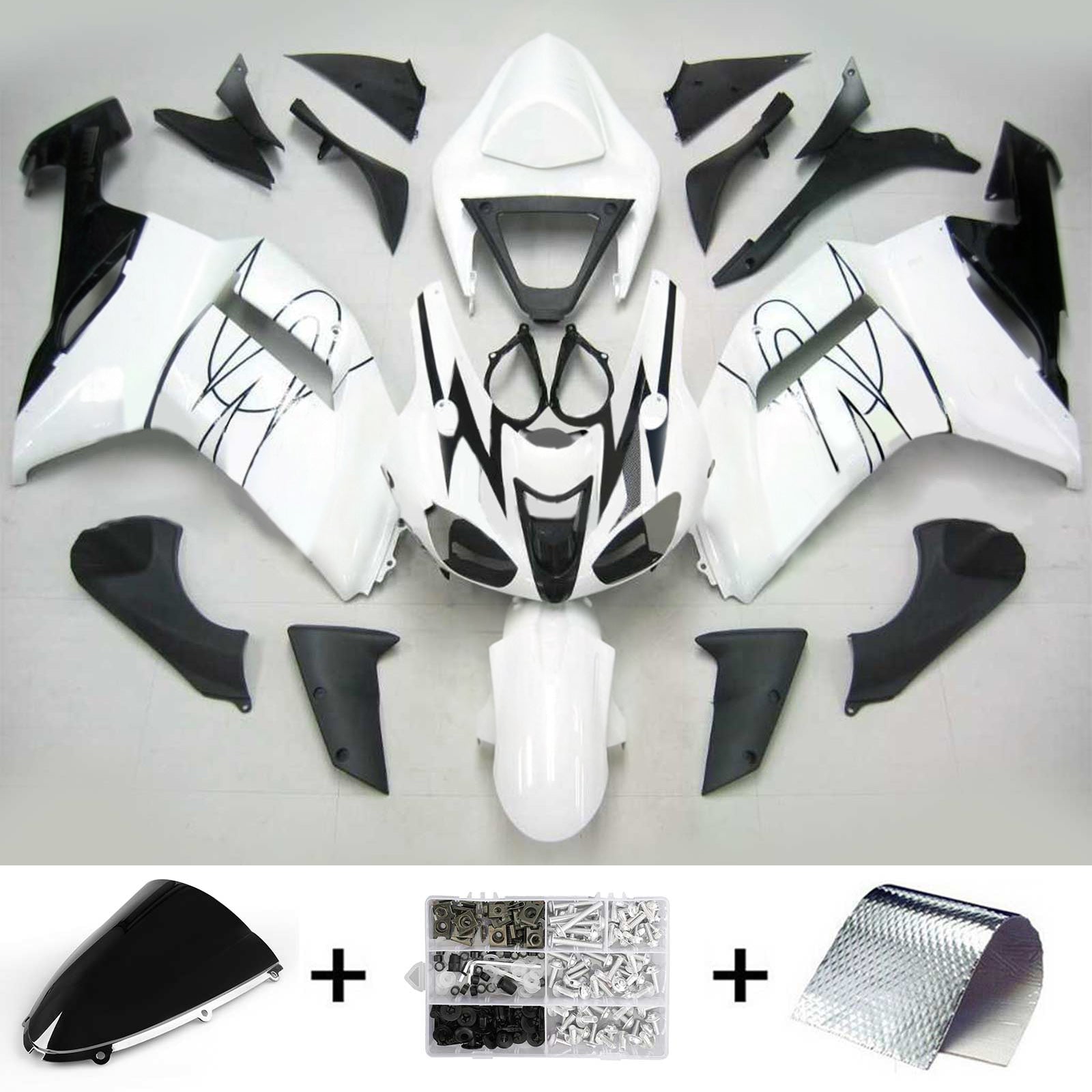 Amotopart Kawasaki 2007-2008 ZX6R 636 White With Black Line Fairing Kit