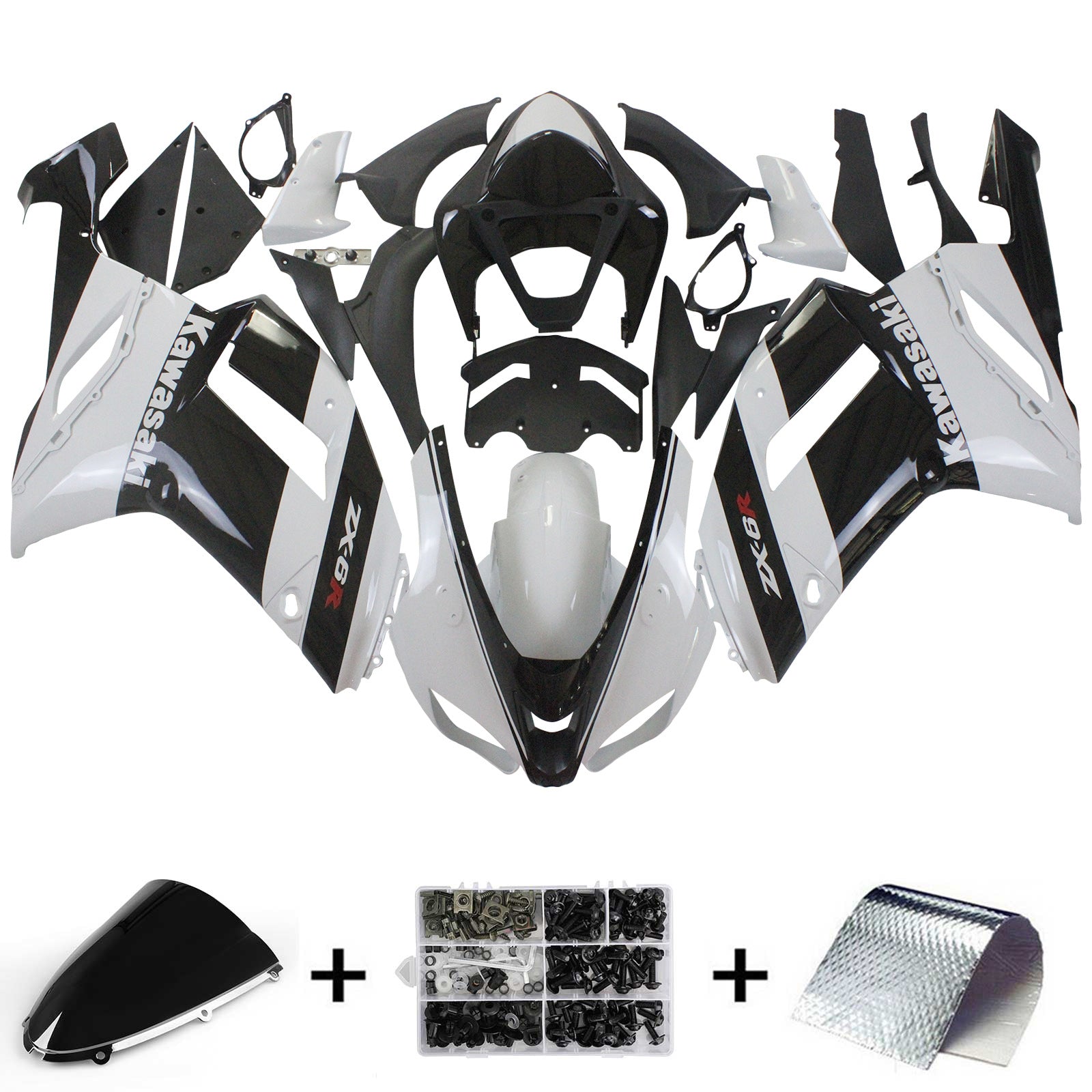 Amotopart Kawasaki 2007-2008 ZX6R 636 Kit de carenado blanco negro