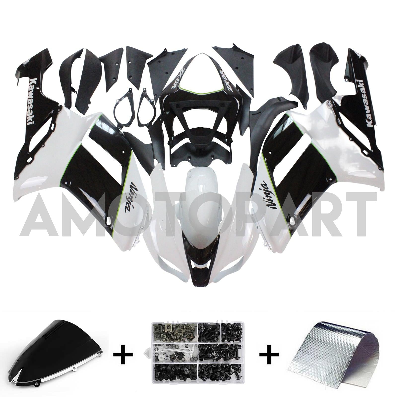 Amotopart Kawasaki 2007-2008 ZX6R 636 Black White Fairing Kit