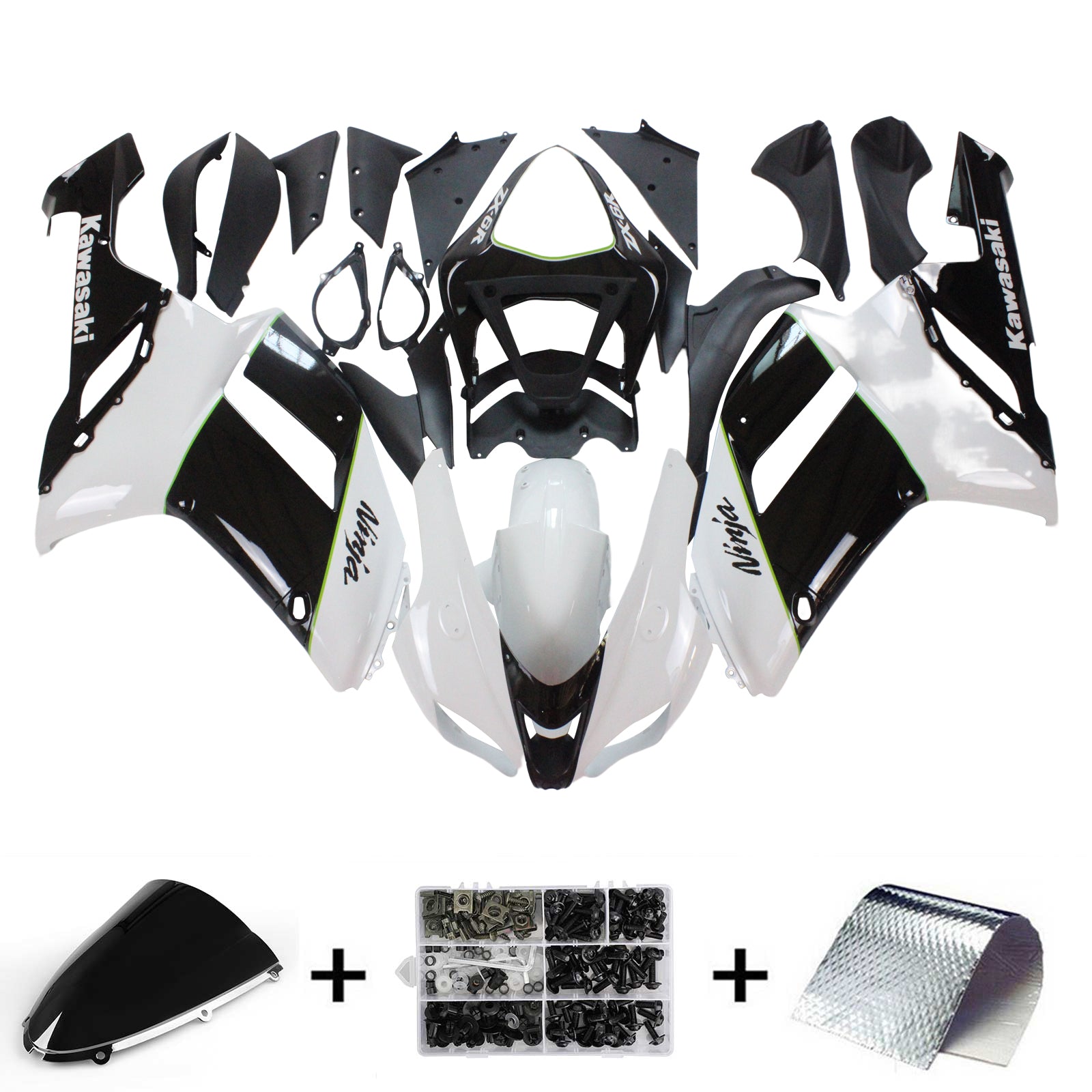 Amotopart Kawasaki 2007-2008 ZX6R 636 Kit de carénage noir blanc