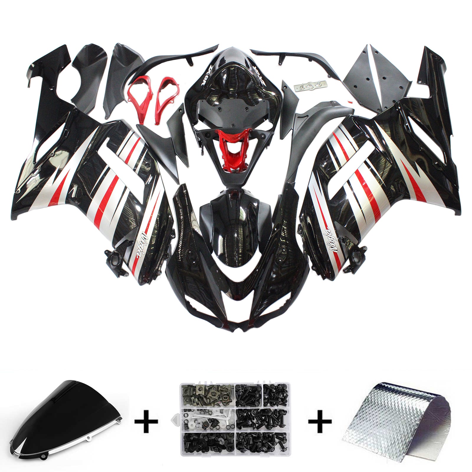 Amotopart Kawasaki 2007-2008 ZX6R 636 Nero Sliver Kit carena rossa