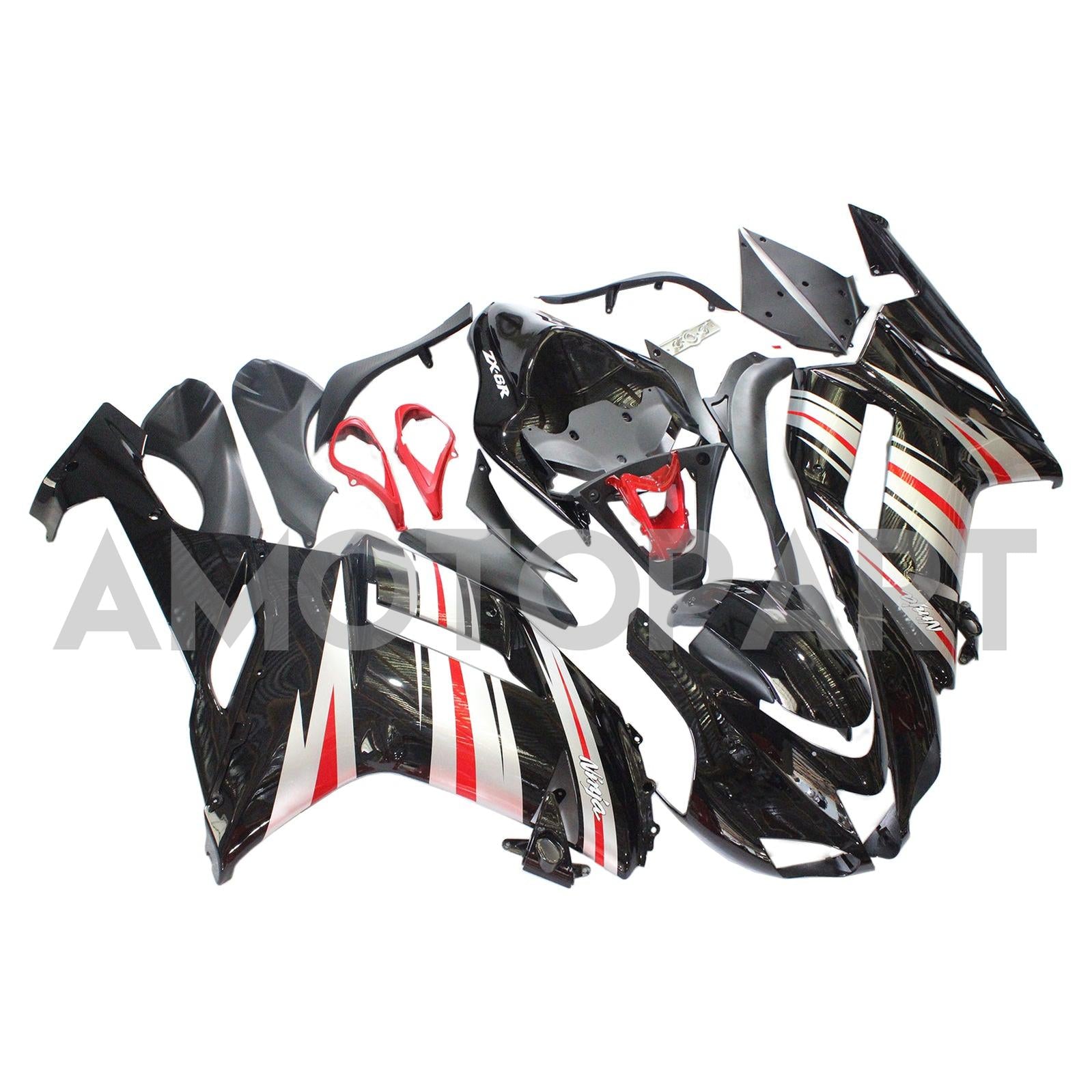 Amotopart Kawasaki 2007-2008 ZX6R 636 Black Sliver Red Fairing Kit