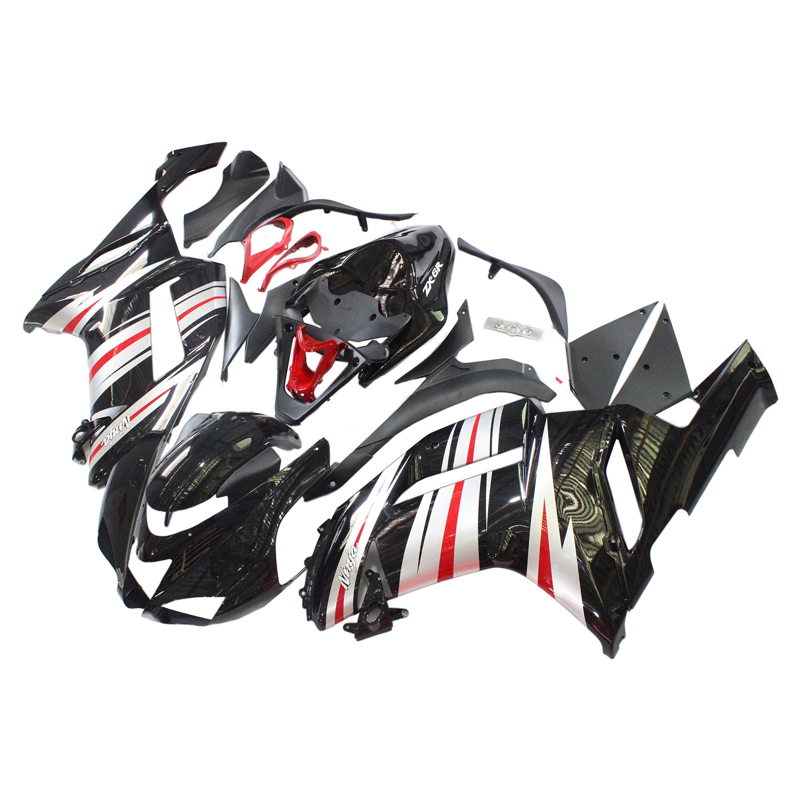 Amotopart Kawasaki 2007-2008 ZX6R 636 Black Sliver Red Fairing Kit