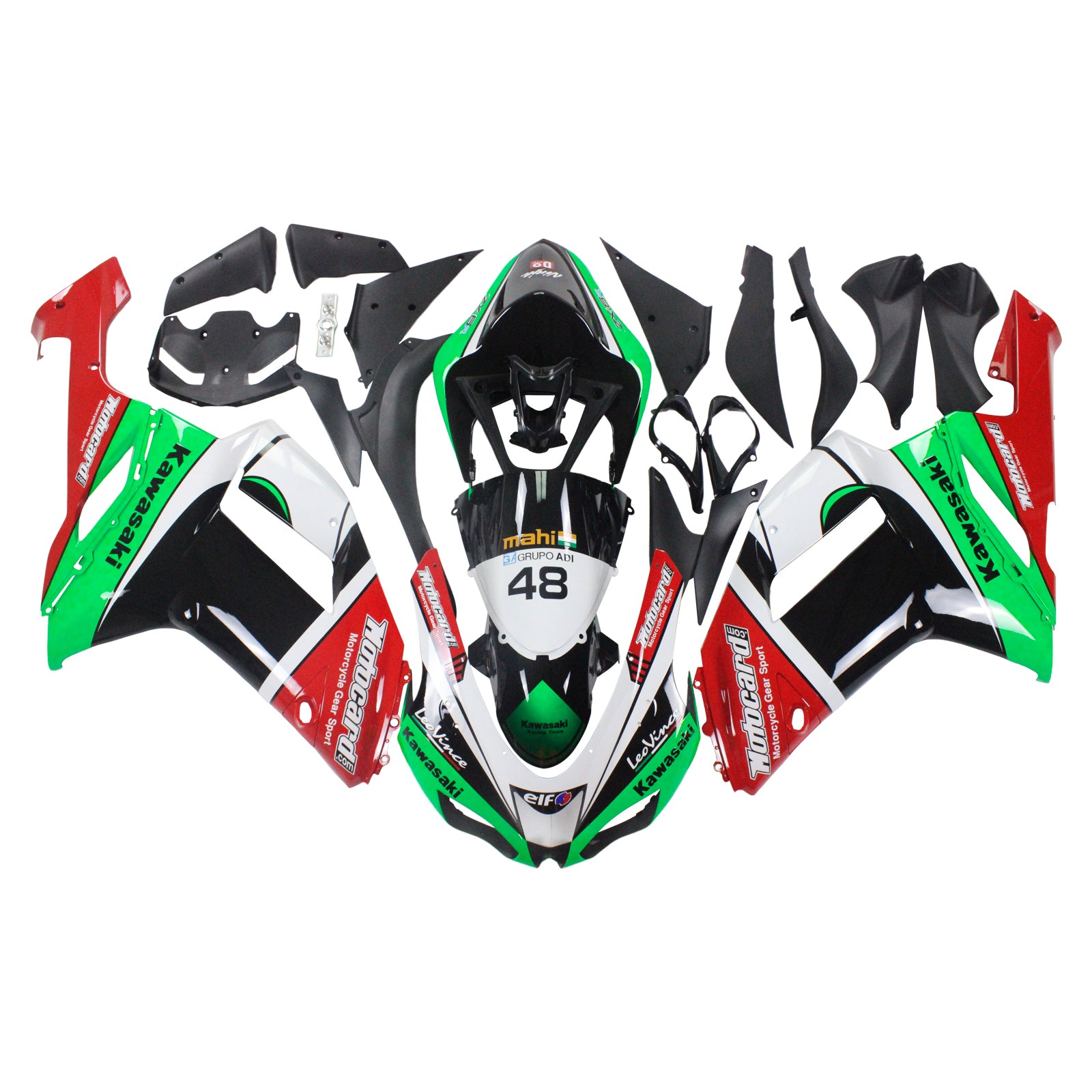 Amotopart Kawasaki 2007-2008 ZX6R 636 Kit de carenado verde rojo