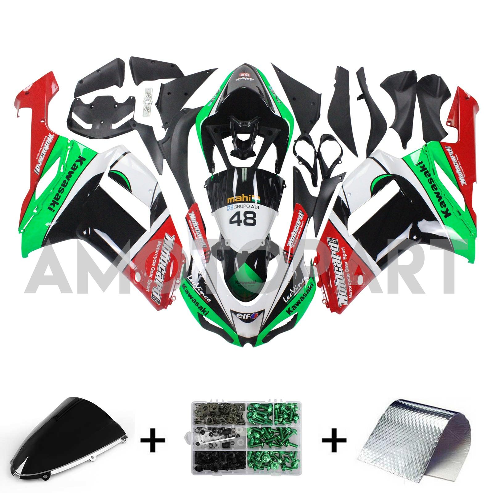 Amotopart Kawasaki 2007-2008 ZX6R 636 Green Red Fairing Kit