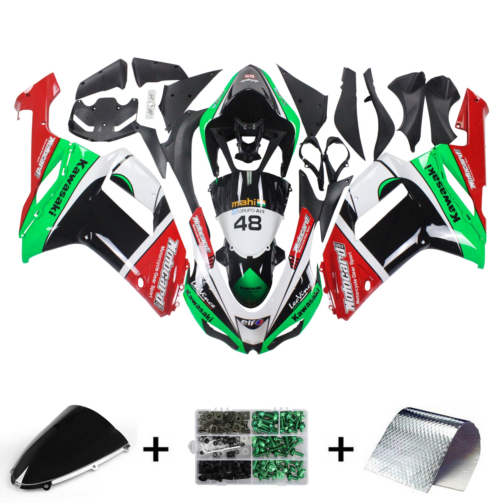 Amotopart Kawasaki 2007-2008 ZX6R 636 Kit de carenado verde rojo