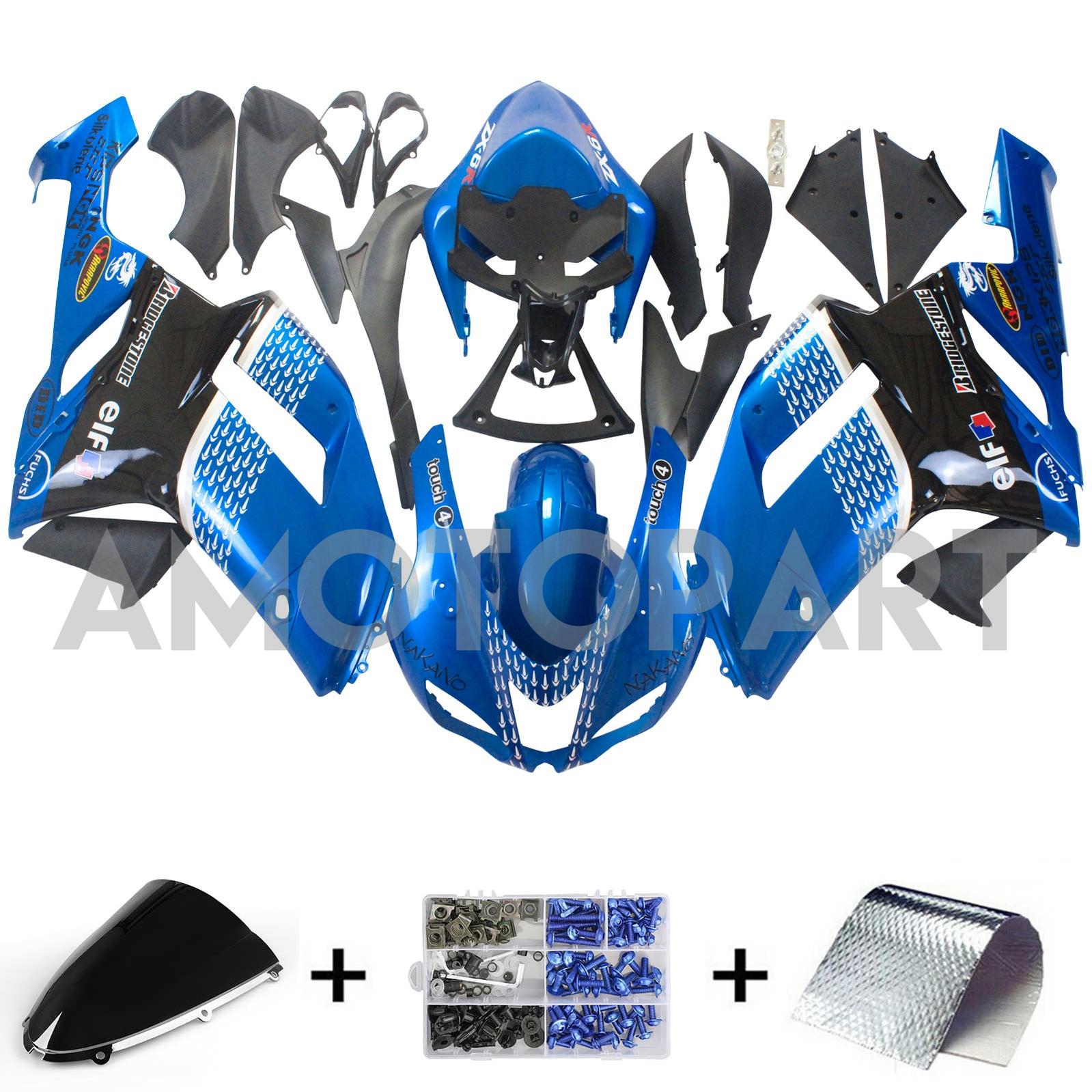 Amotopart Kawasaki 2007-2008 ZX6R 636 Black Blue Fairing Kit
