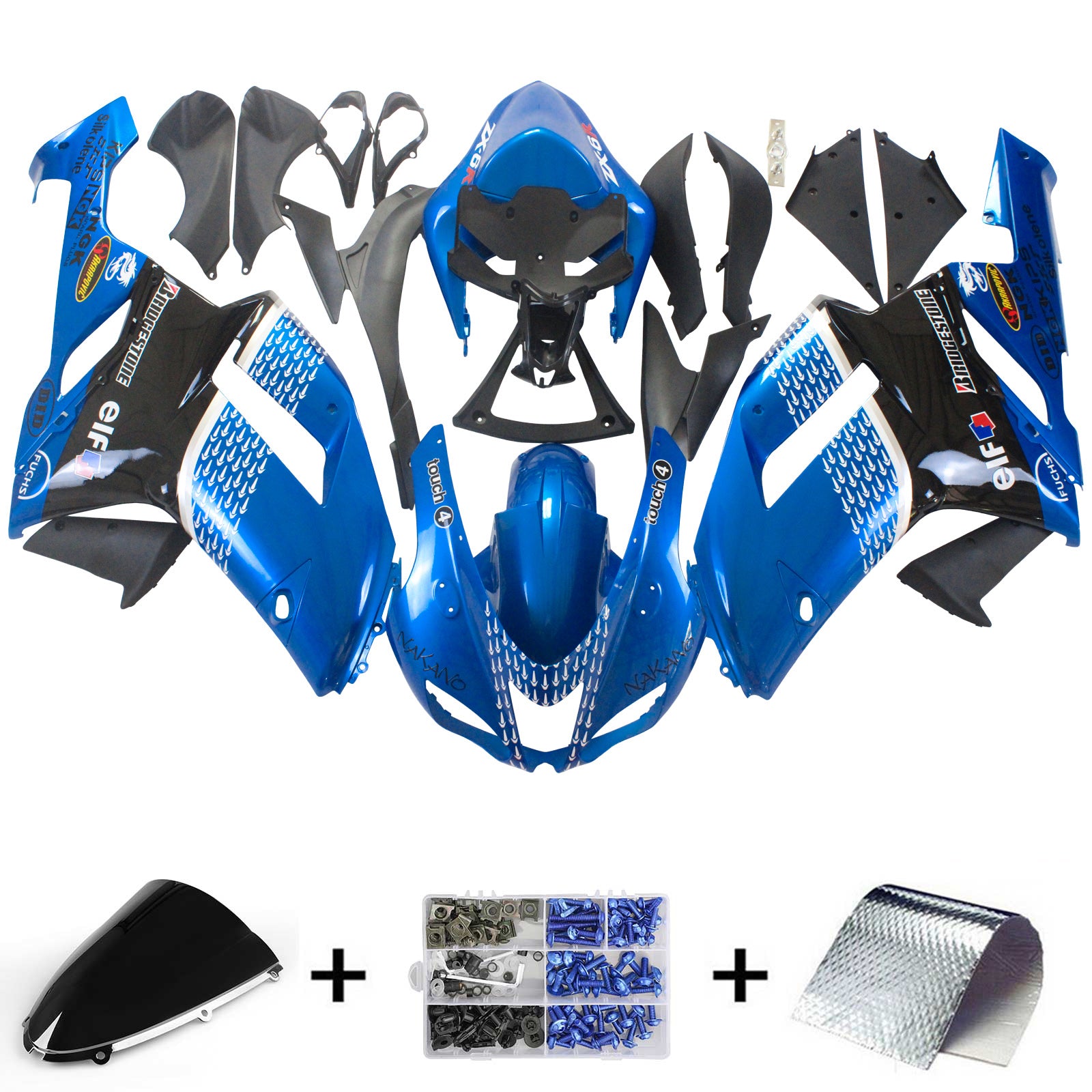 Amotopart Kawasaki 2007-2008 ZX6R 636 Kit de carénage noir bleu