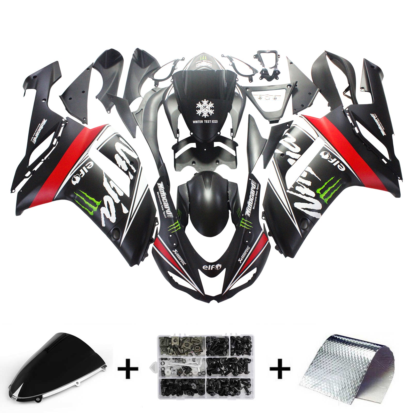 Amotopart Kawasaki 2007–2008 ZX6R 636 Schwarz-Rot-Klauen-Verkleidungsset