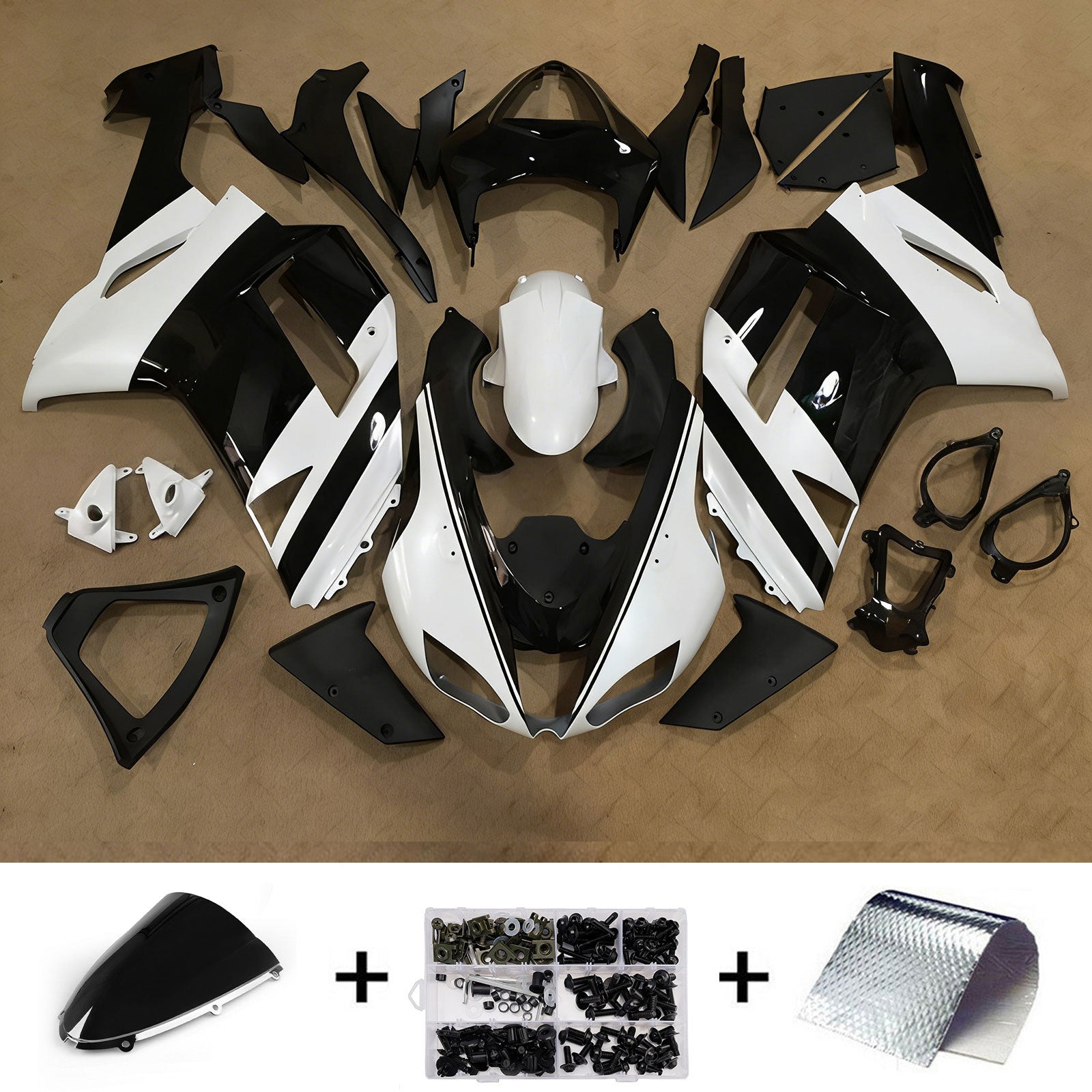 Amotopart 2007-2008 Kawasaki ZX6R 636 Black & White Fairing Kit