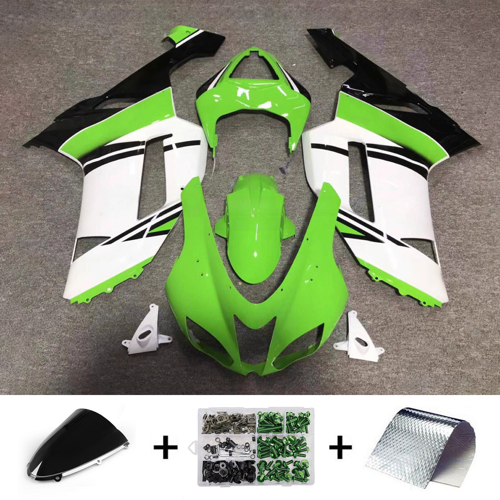 Amotopart 2007-2008 Kawasaki ZX6R 636 Green White Black Fairing Kit