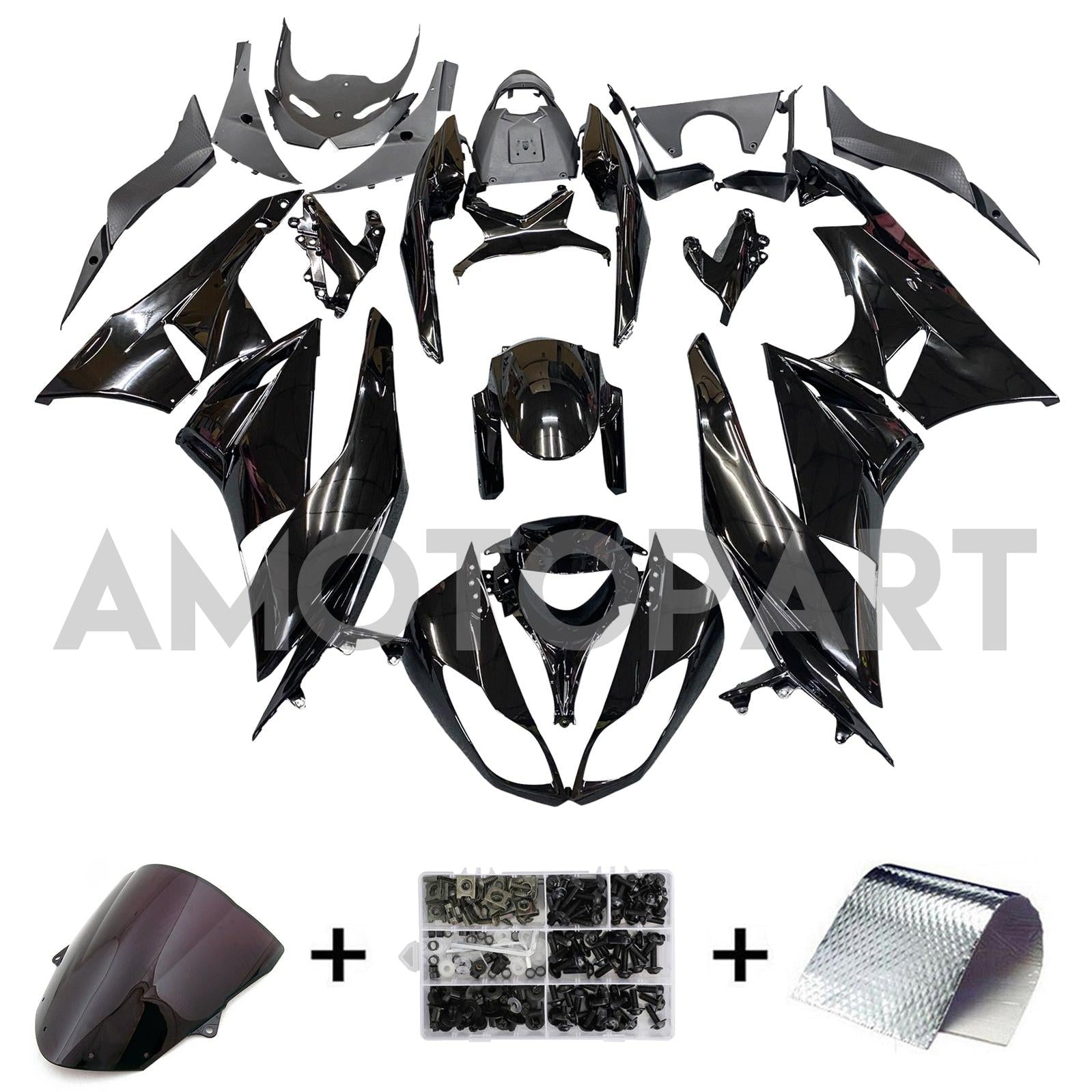 Amotopart Kawasaki 2009-2012 ZX6R 636 Gloss Black Fairing Kit