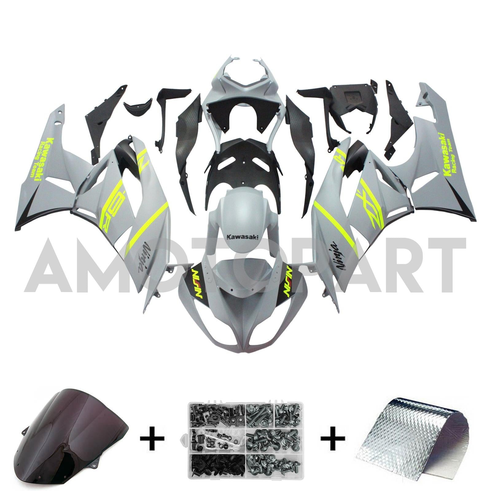 Amotopart Kawasaki 2009-2012 ZX6R 636 Grey Yellow Fairing Kit