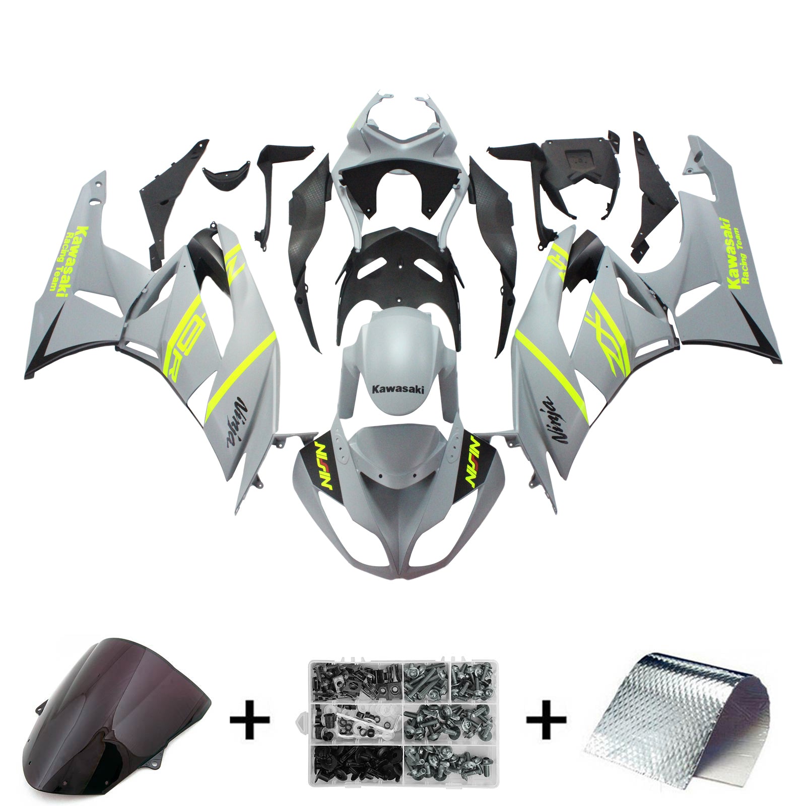 Amotopart Verkleidungsset für Kawasaki 2009–2012 ZX6R 636, Grau, Gelb