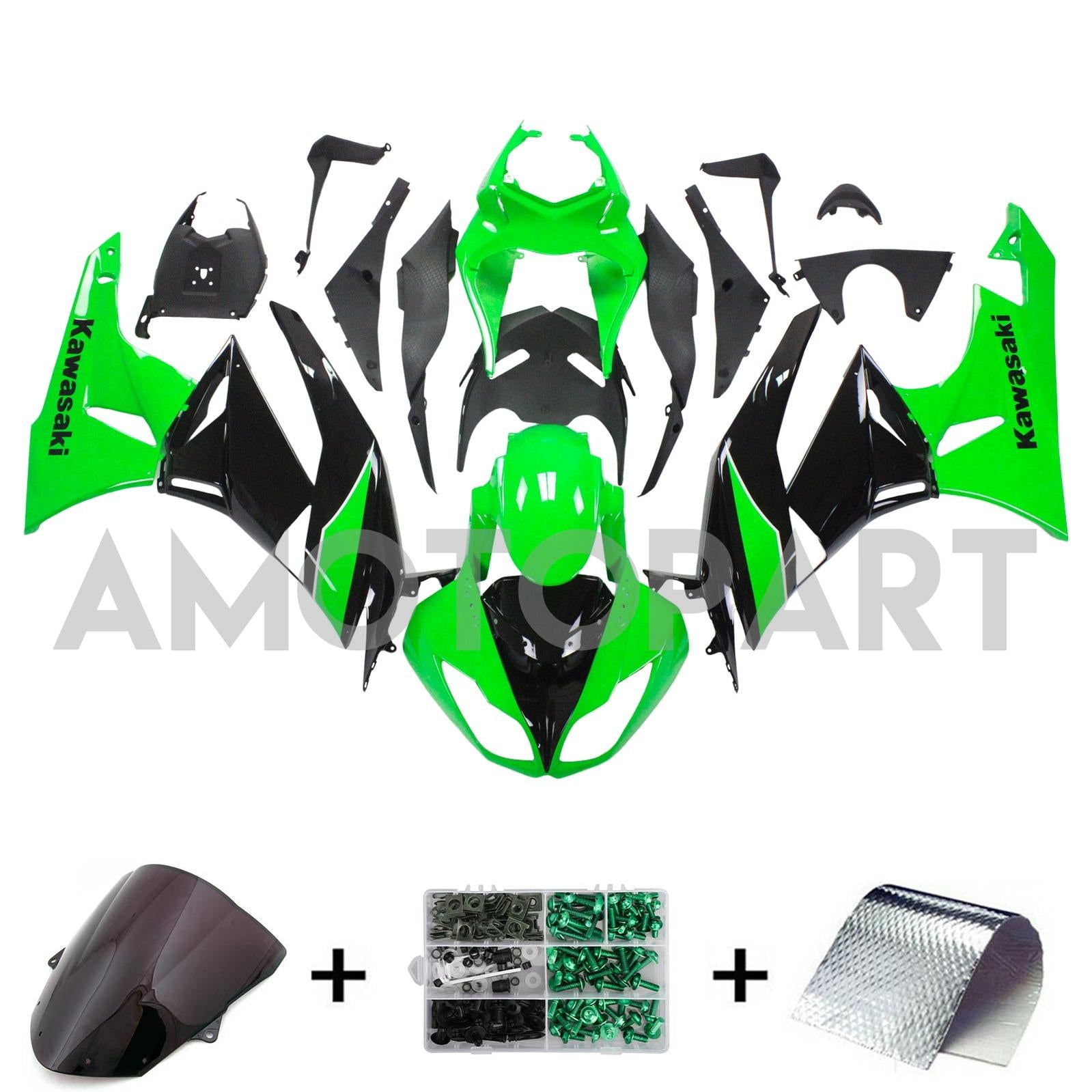 Amotopart Kawasaki 2009-2012 ZX6R 636 Black Green Fairing Kit