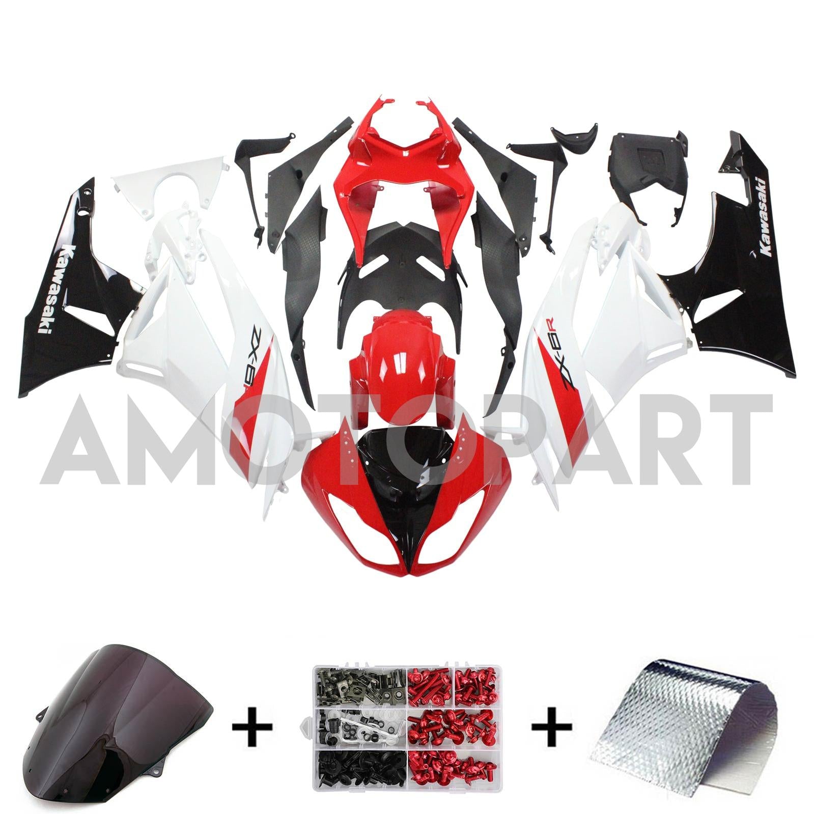 Amotopart Kawasaki 2009-2012 ZX6R 636 White Red Black Fairing Kit