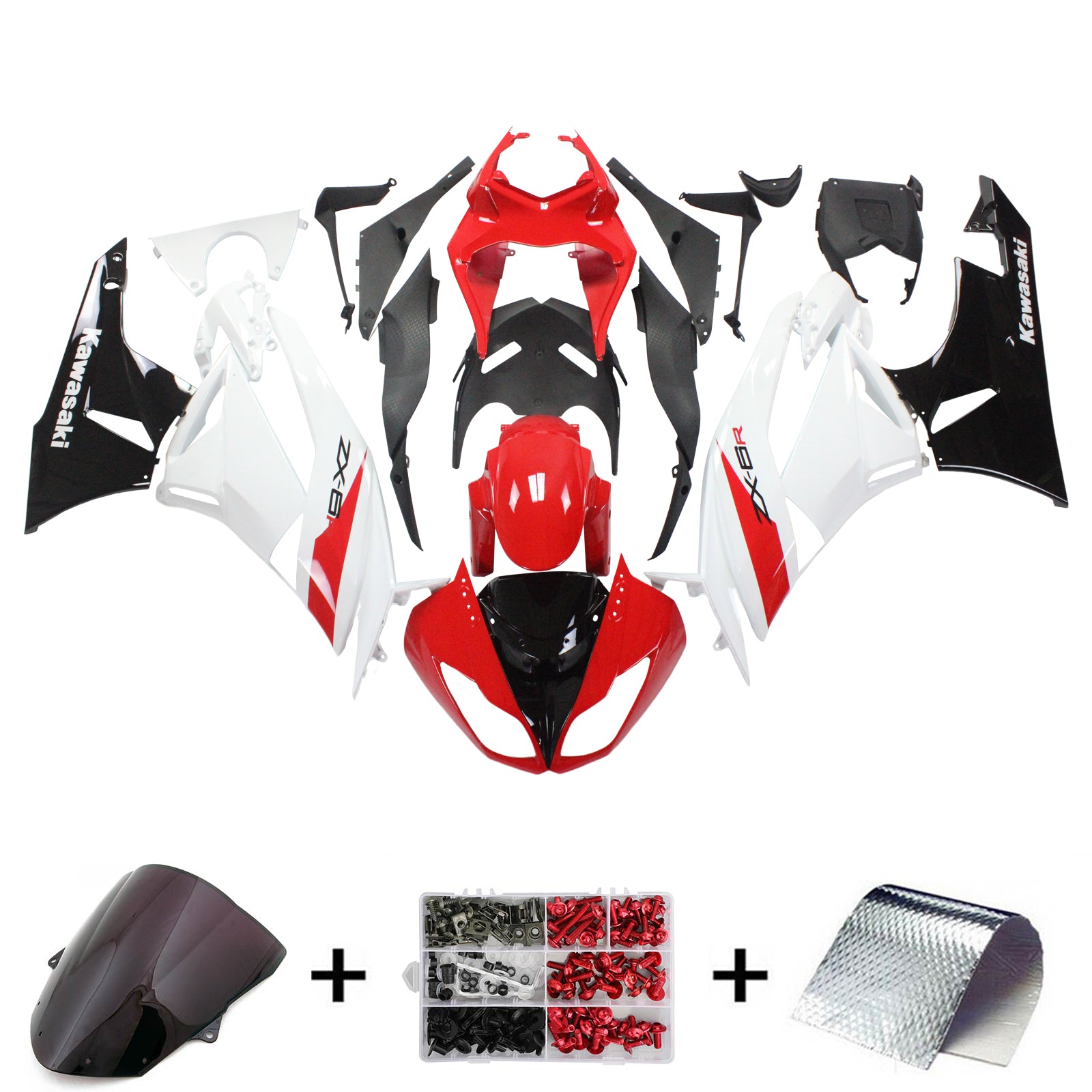 Amotopart Kawasaki 2009-2012 ZX6R 636 White Red Black Fairing Kit