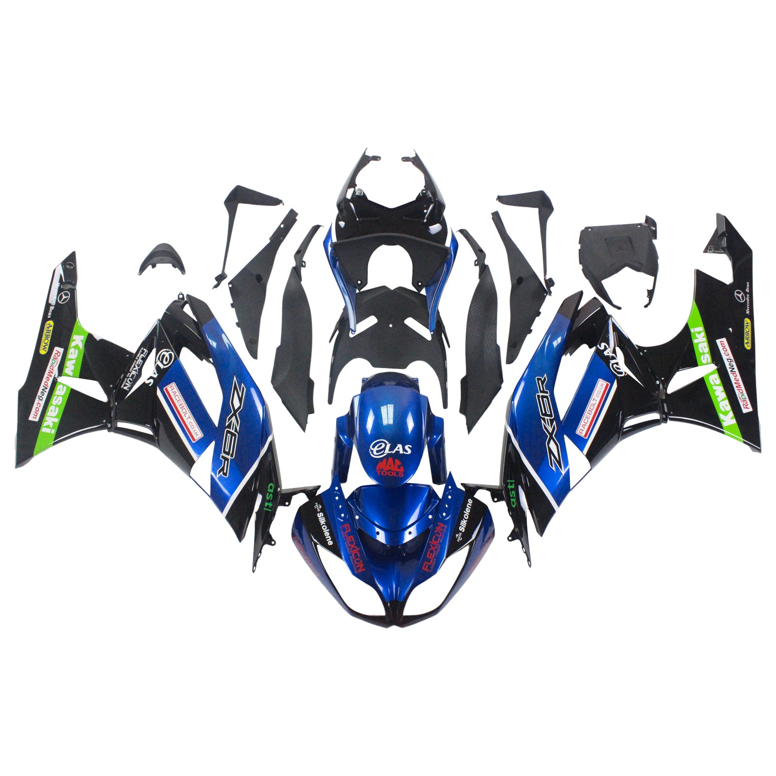 Amotopart Kawasaki 2009-2012 ZX6R 636 Kit de carenado azul mezclado negro