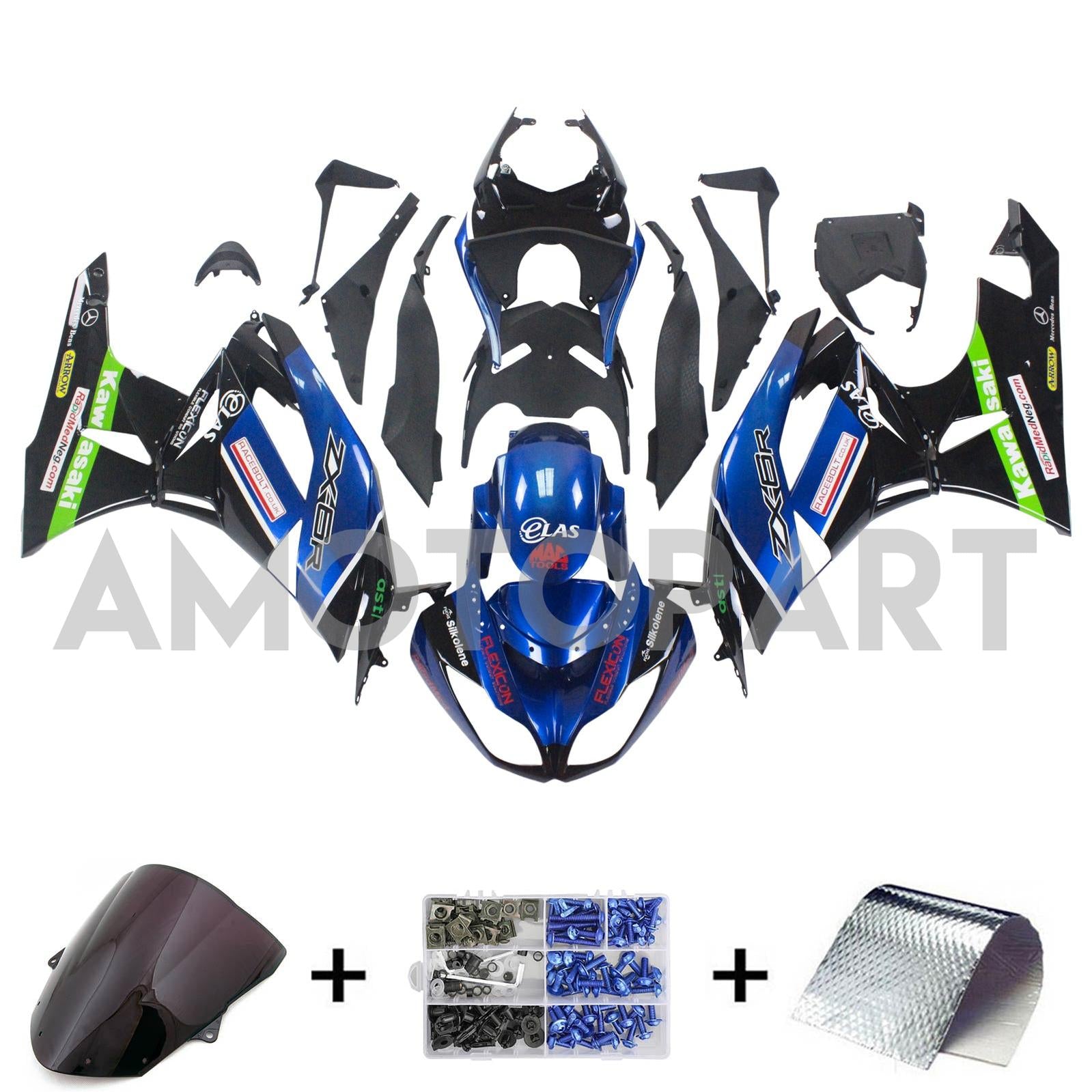 Amotopart Kawasaki 2009-2012 ZX6R 636 Blue Mix Black Fairing Kit