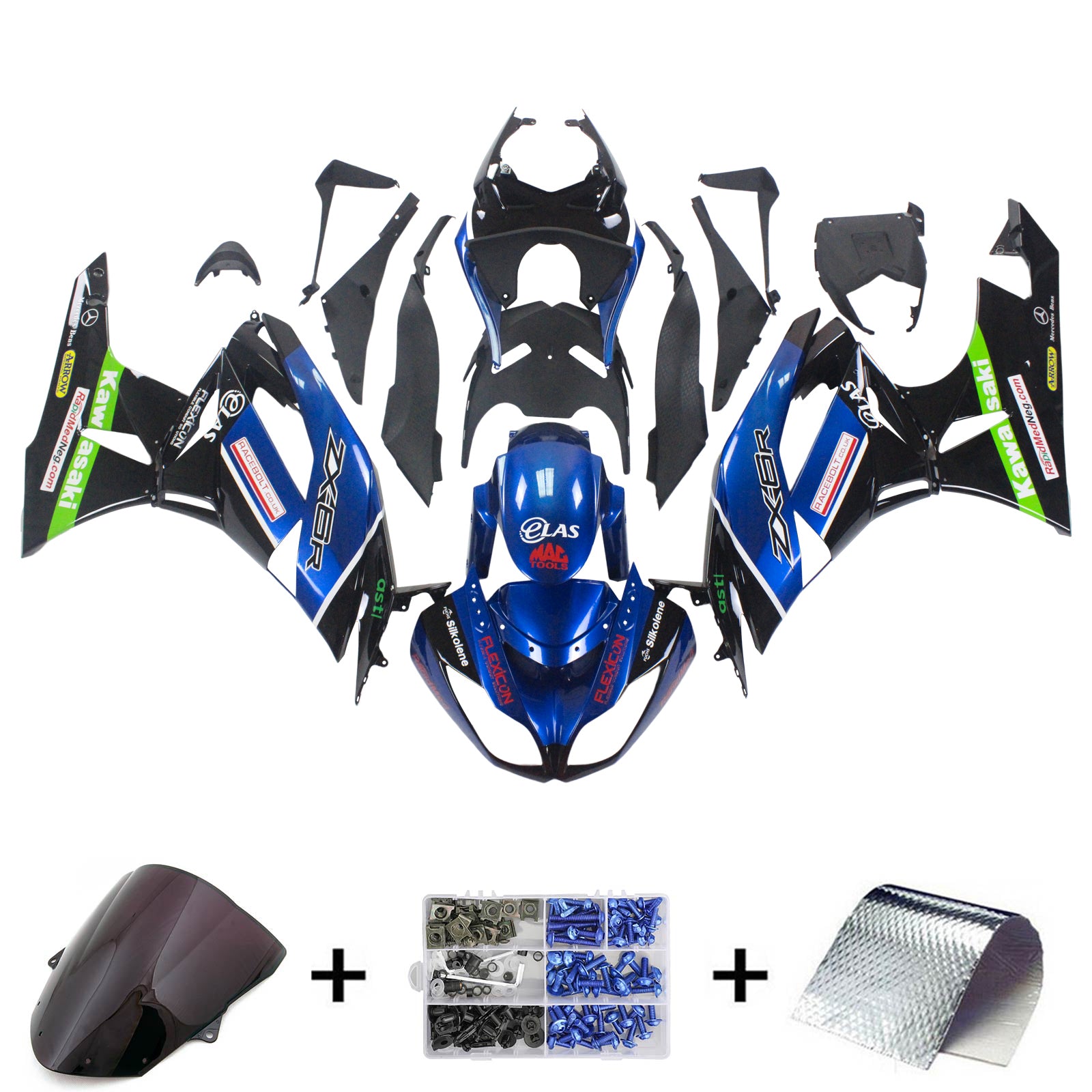 Amotopart Kawasaki 2009-2012 ZX6R 636 Kit de carénage bleu mélange noir