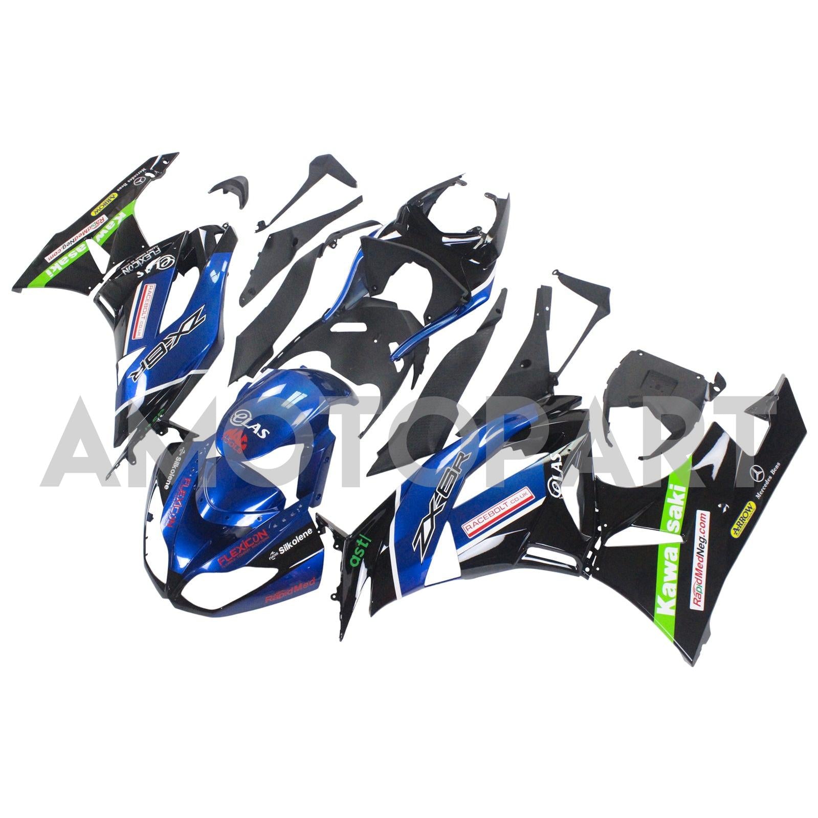 Amotopart Kawasaki 2009-2012 ZX6R 636 Blue Mix Black Fairing Kit