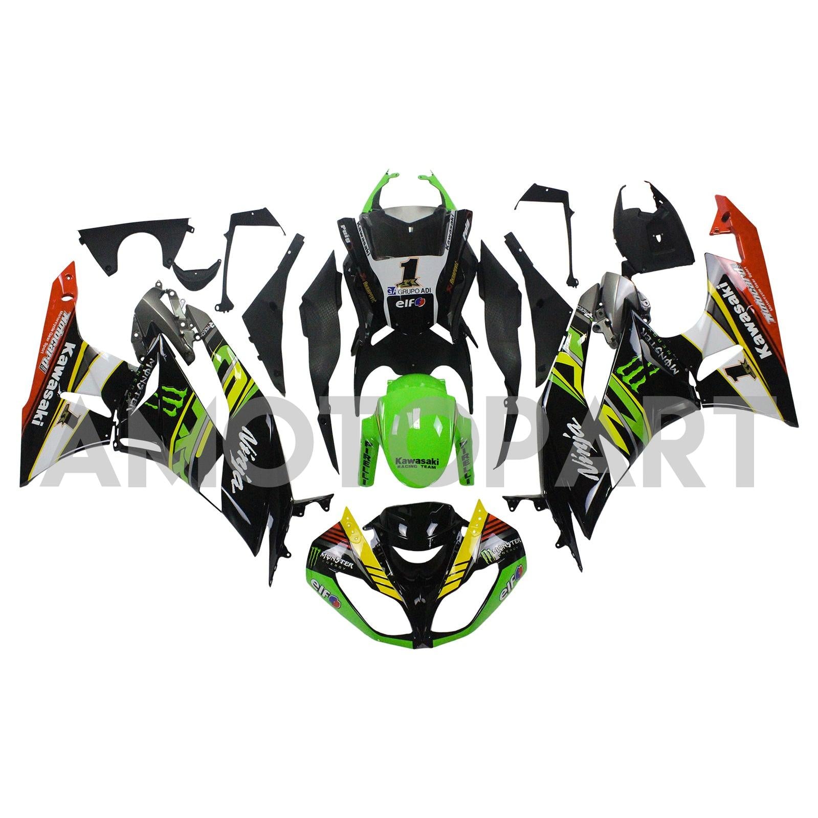 Amotopart Kawasaki 2009-2012 ZX6R 636 Black Green Claw Fairing Kit
