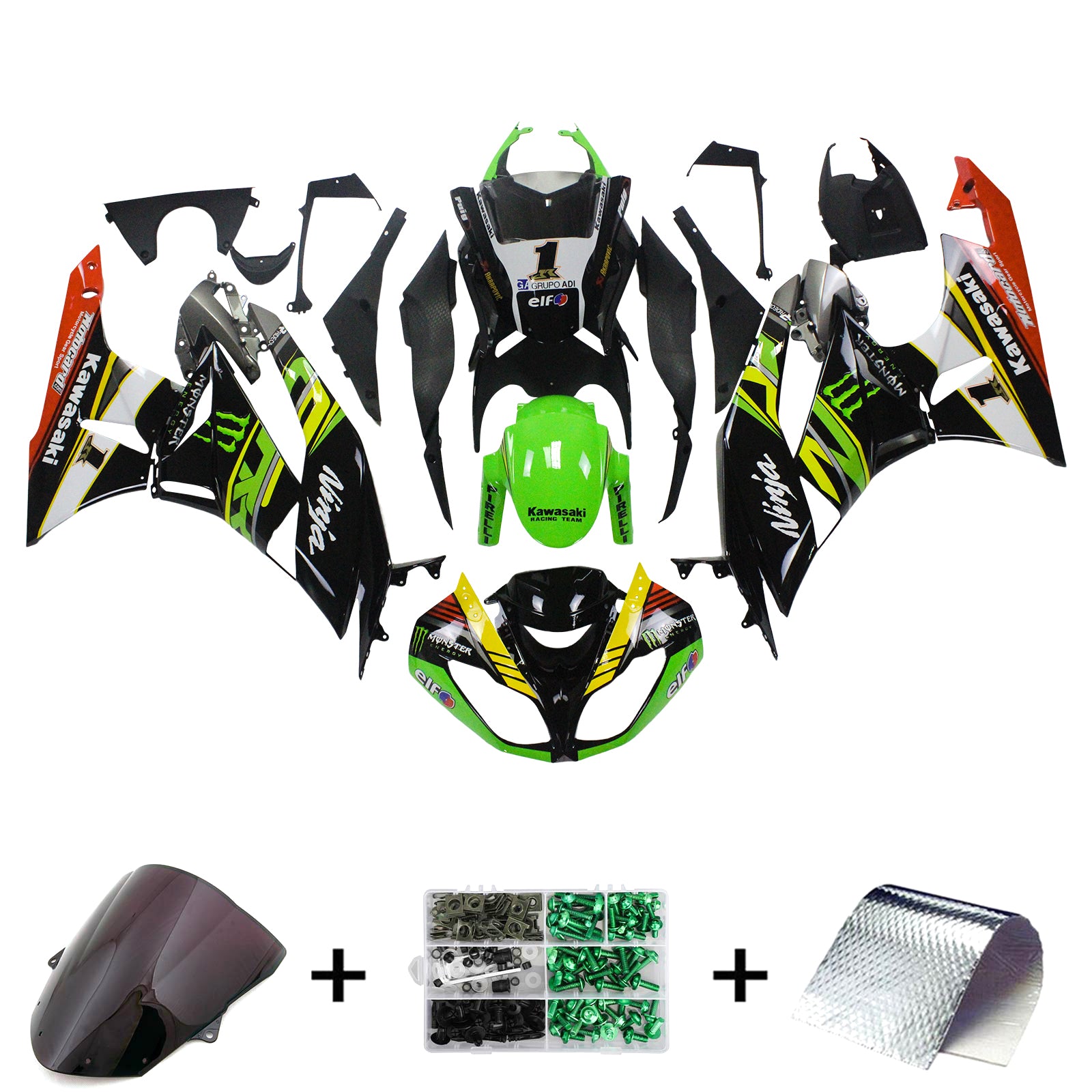 Amotopart Kawasaki 2009-2012 ZX6R 636 ブラック グリーン クロー フェアリングキット