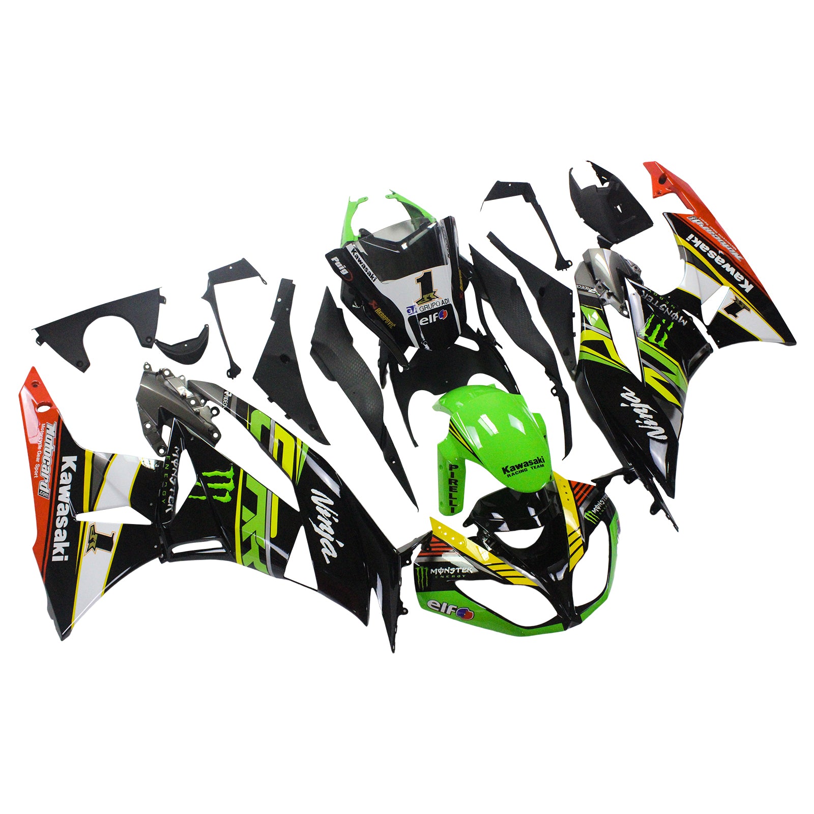 Amotopart Kawasaki 2009-2012 ZX6R 636 Black Green Claw Fairing Kit